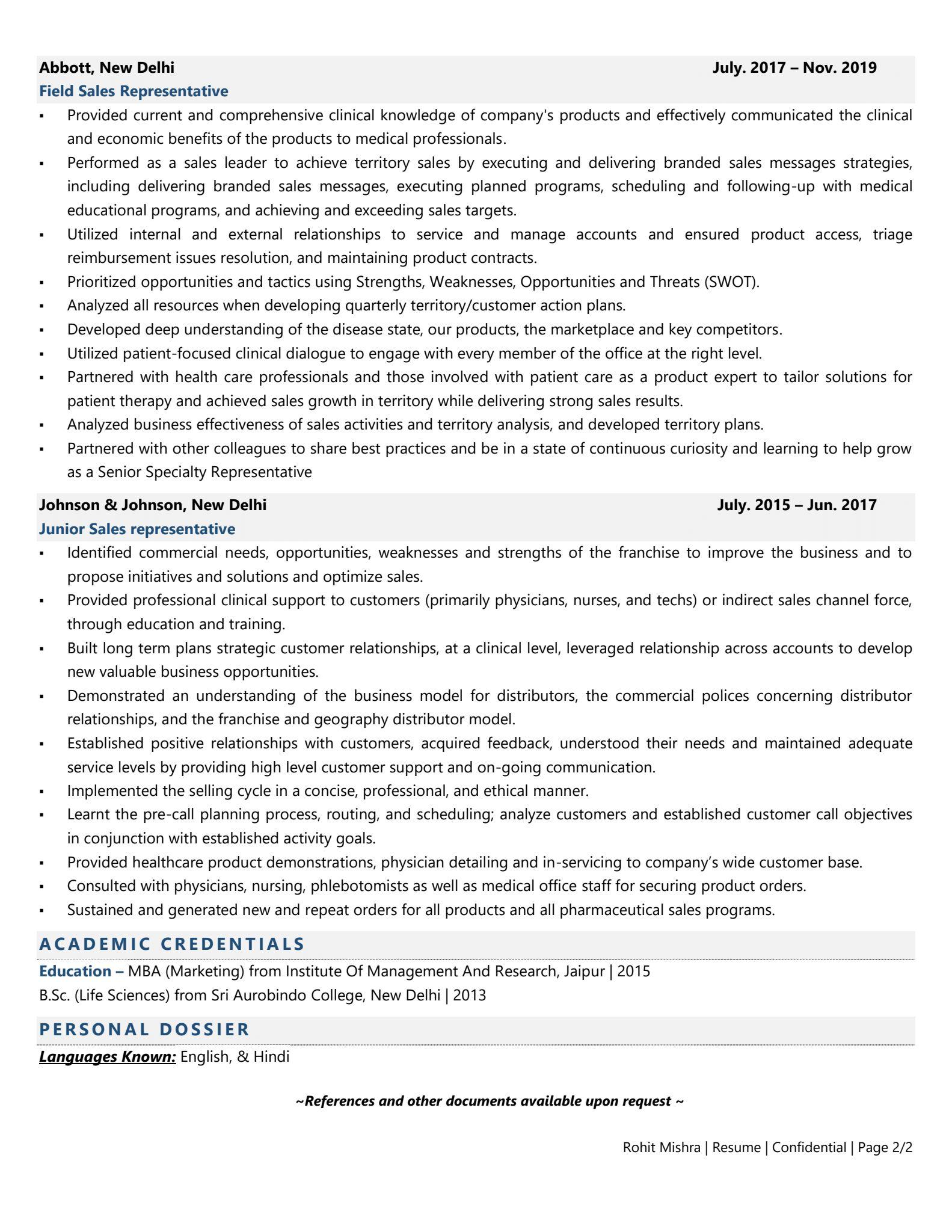 Medical Sales Representative - Resume Example & Template