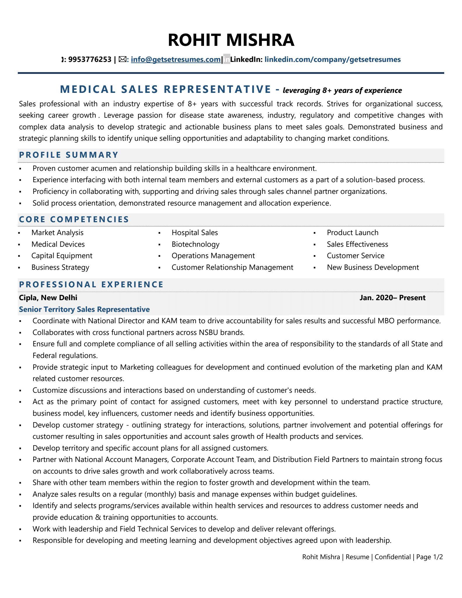Medical Sales Representative - Resume Example & Template