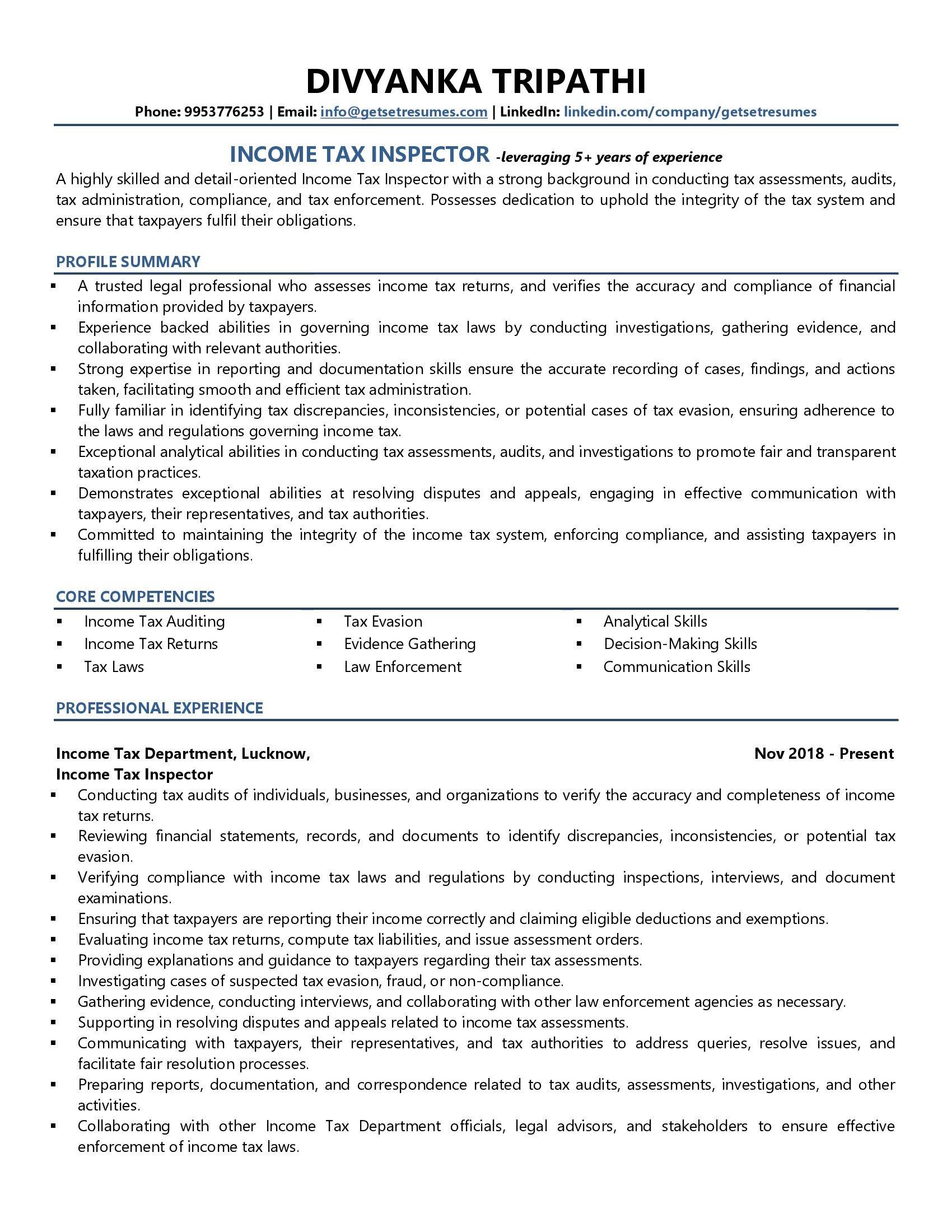Income Tax Inspector - Resume Example & Template