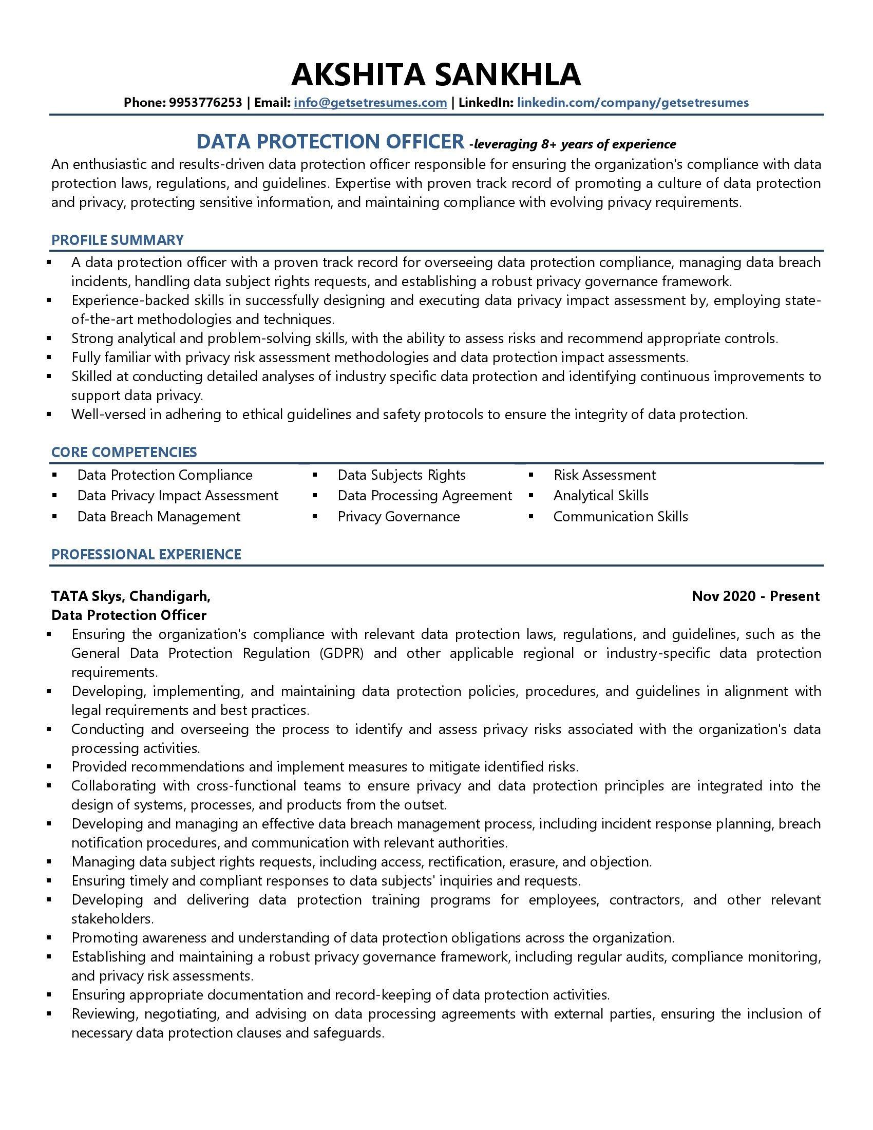 Data Protection Officer - Resume Example & Template