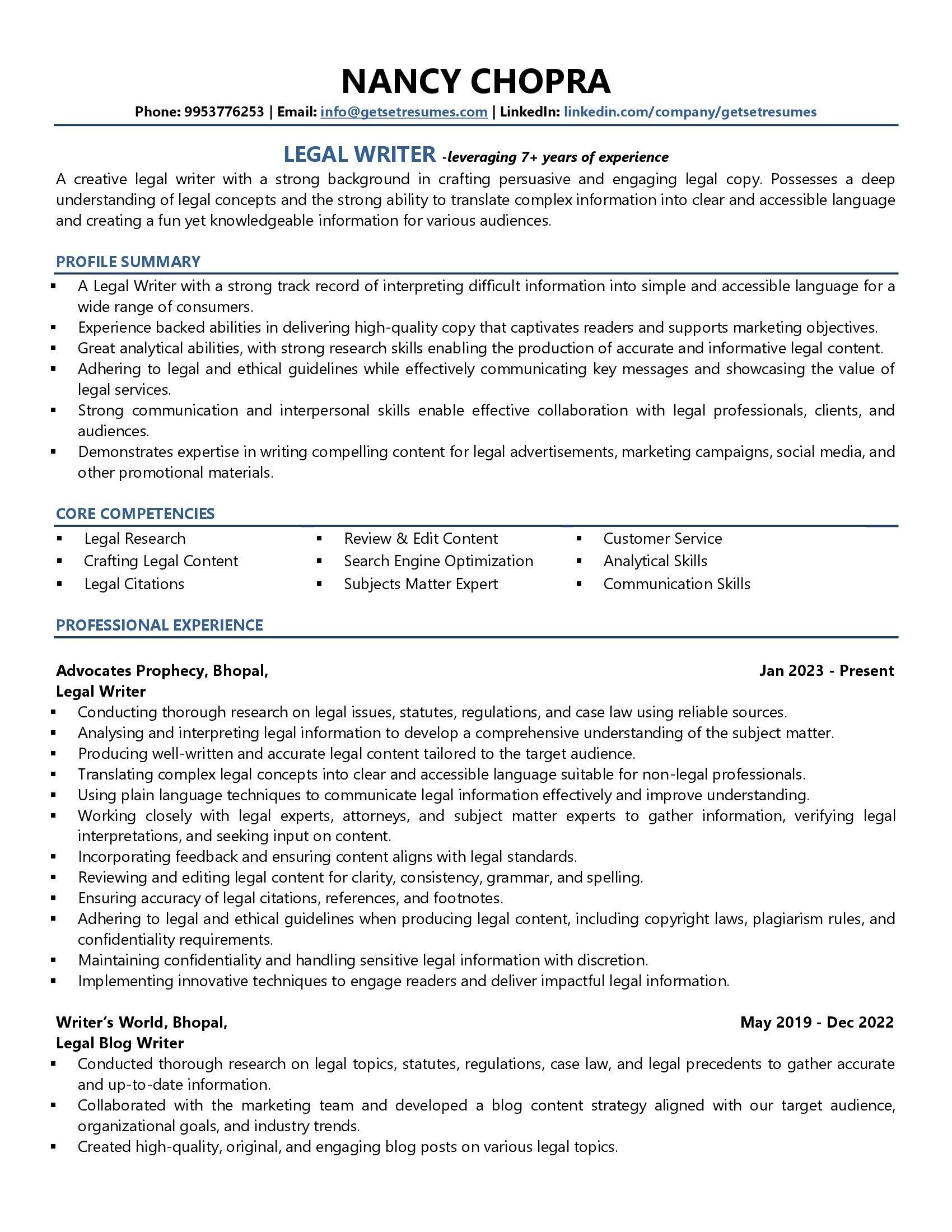 Legal Writer - Resume Example & Template