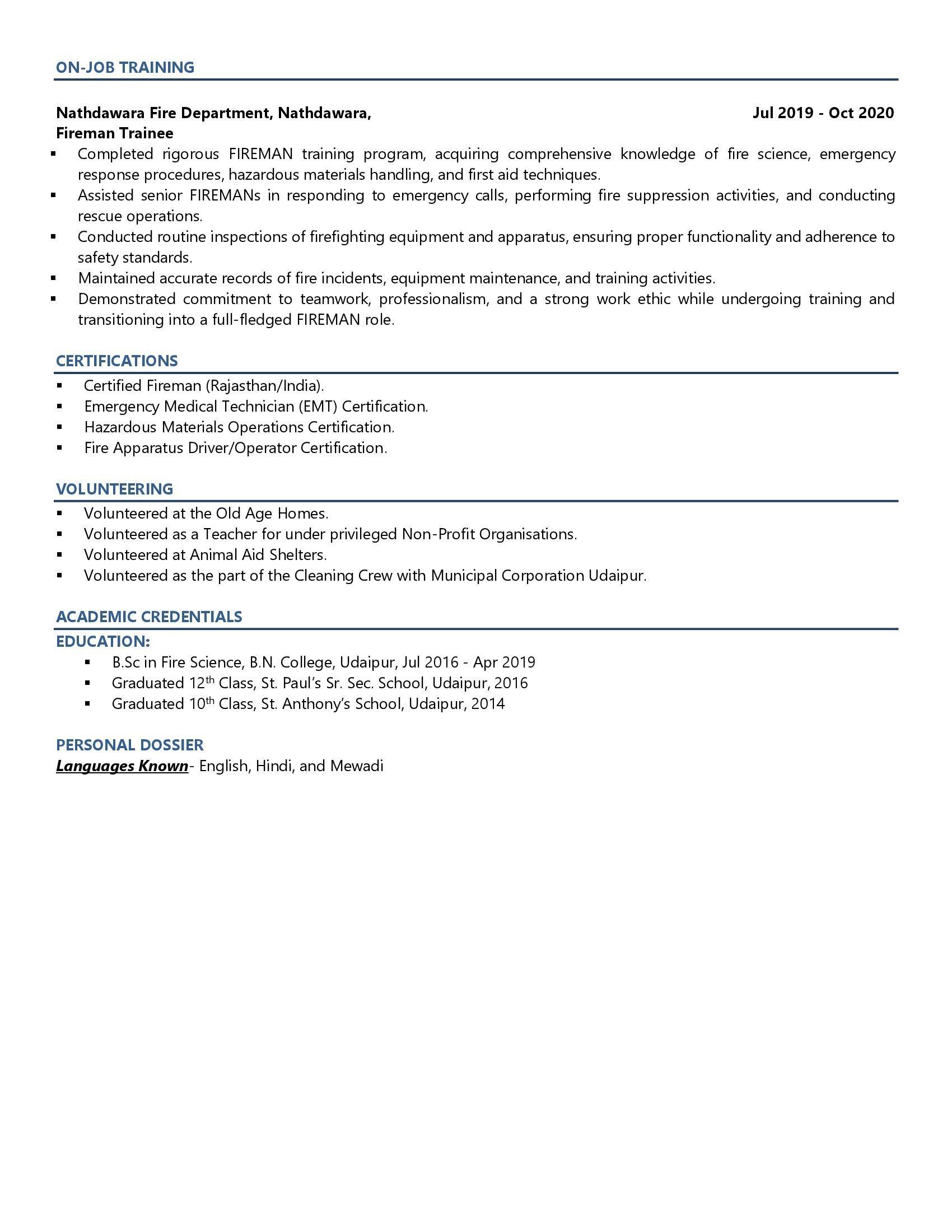 Fireman - Resume Example & Template