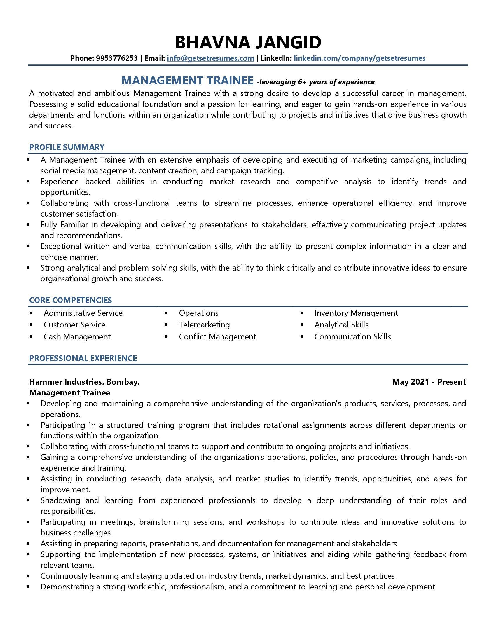Management Trainees - Resume Example & Template