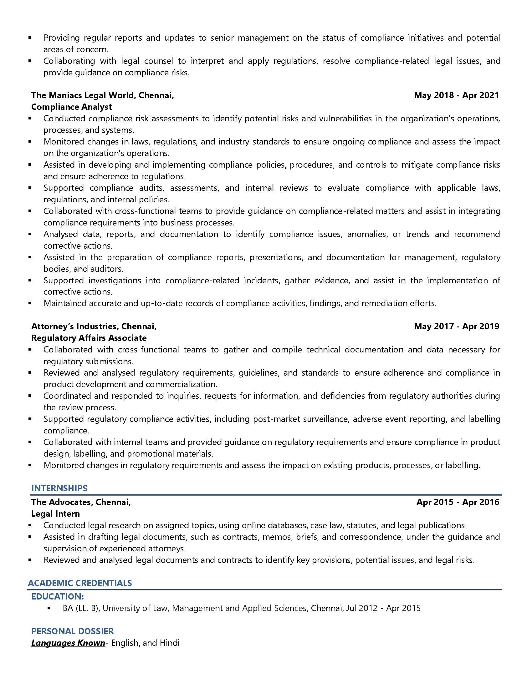 Regulatory Compliance Manager - Resume Example & Template