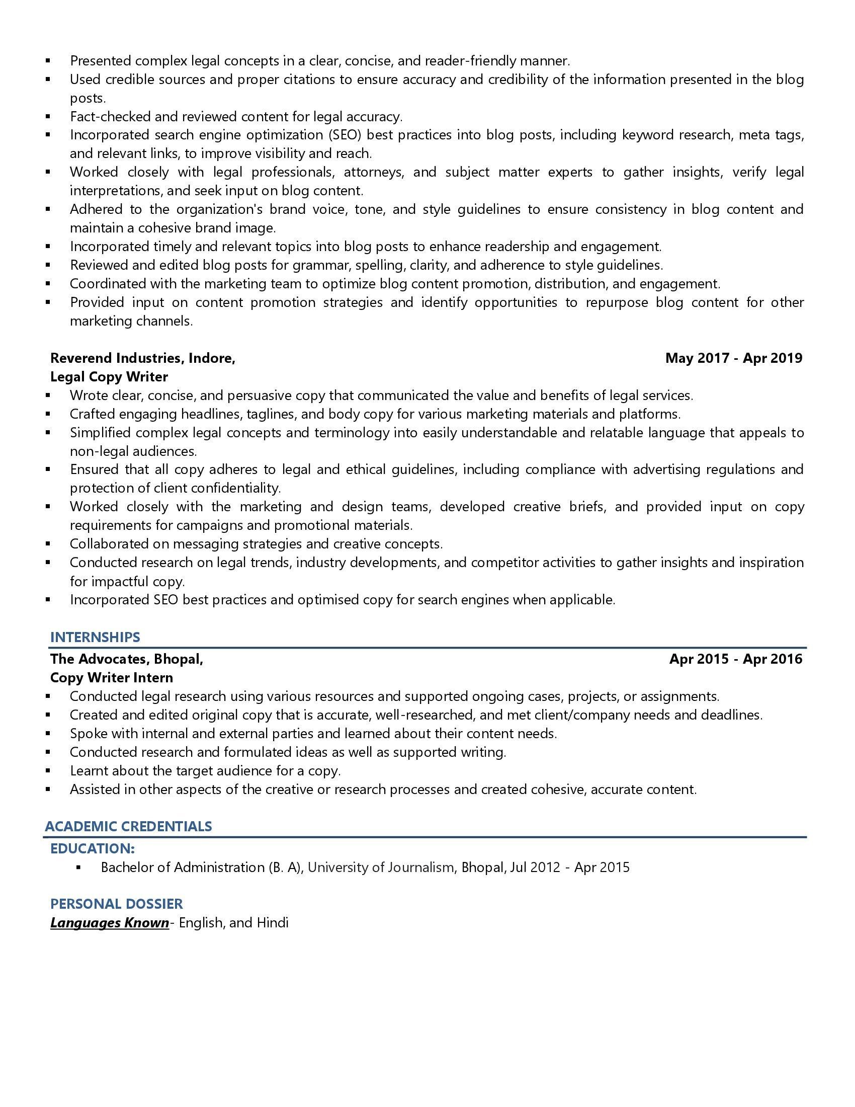 Legal Writer - Resume Example & Template