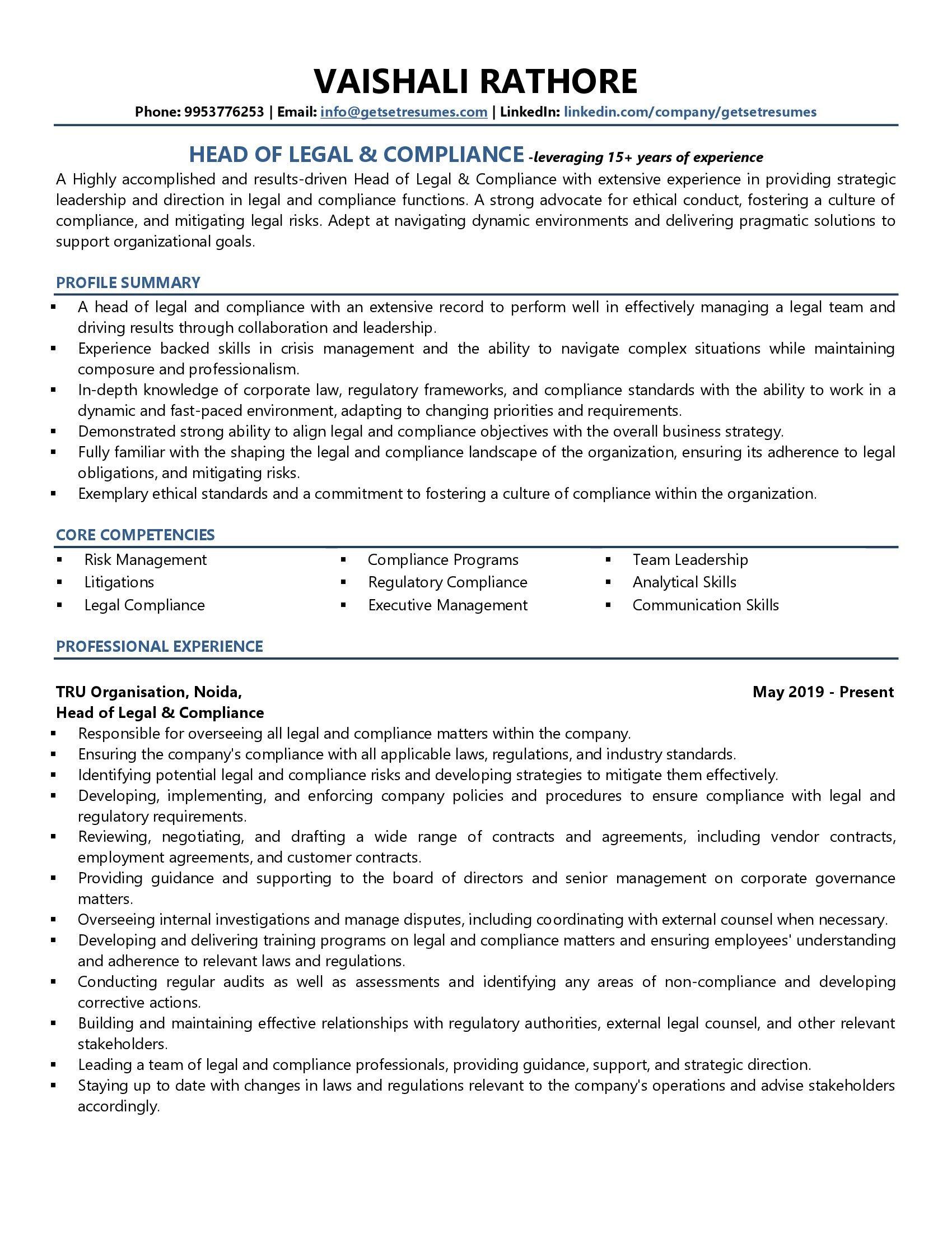 Head of Legal & Compliance - Resume Example & Template