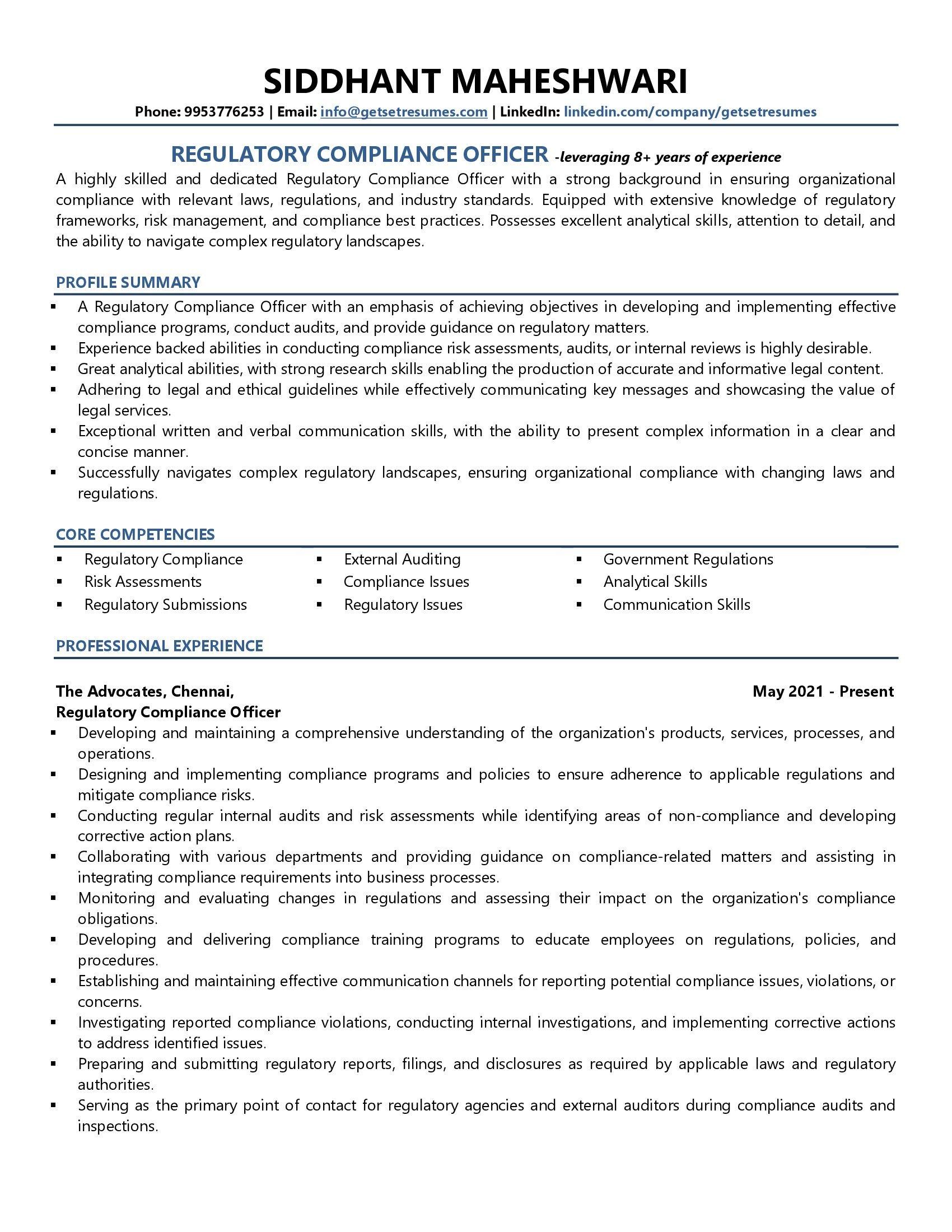 Regulatory Compliance Manager - Resume Example & Template