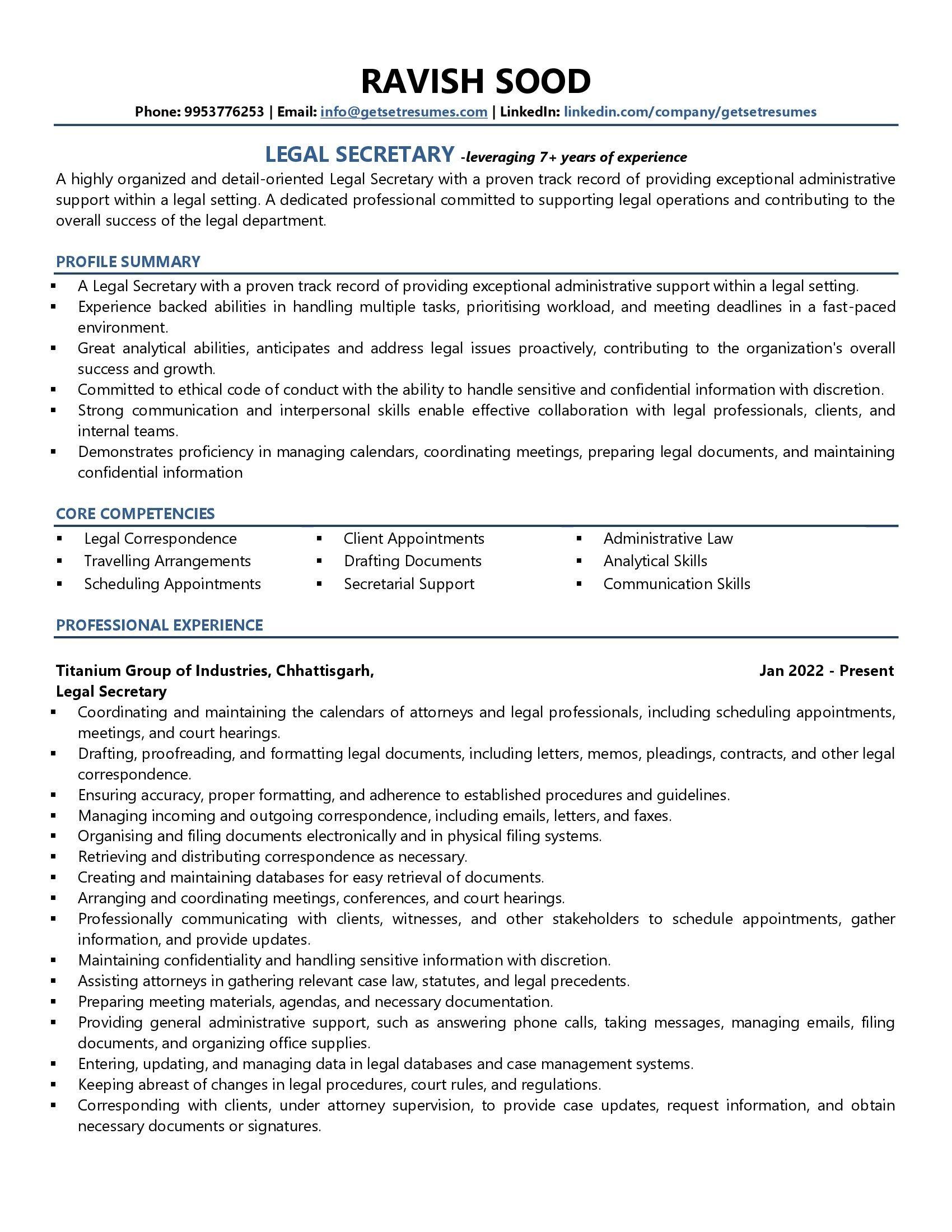 Legal Secretary - Resume Example & Template