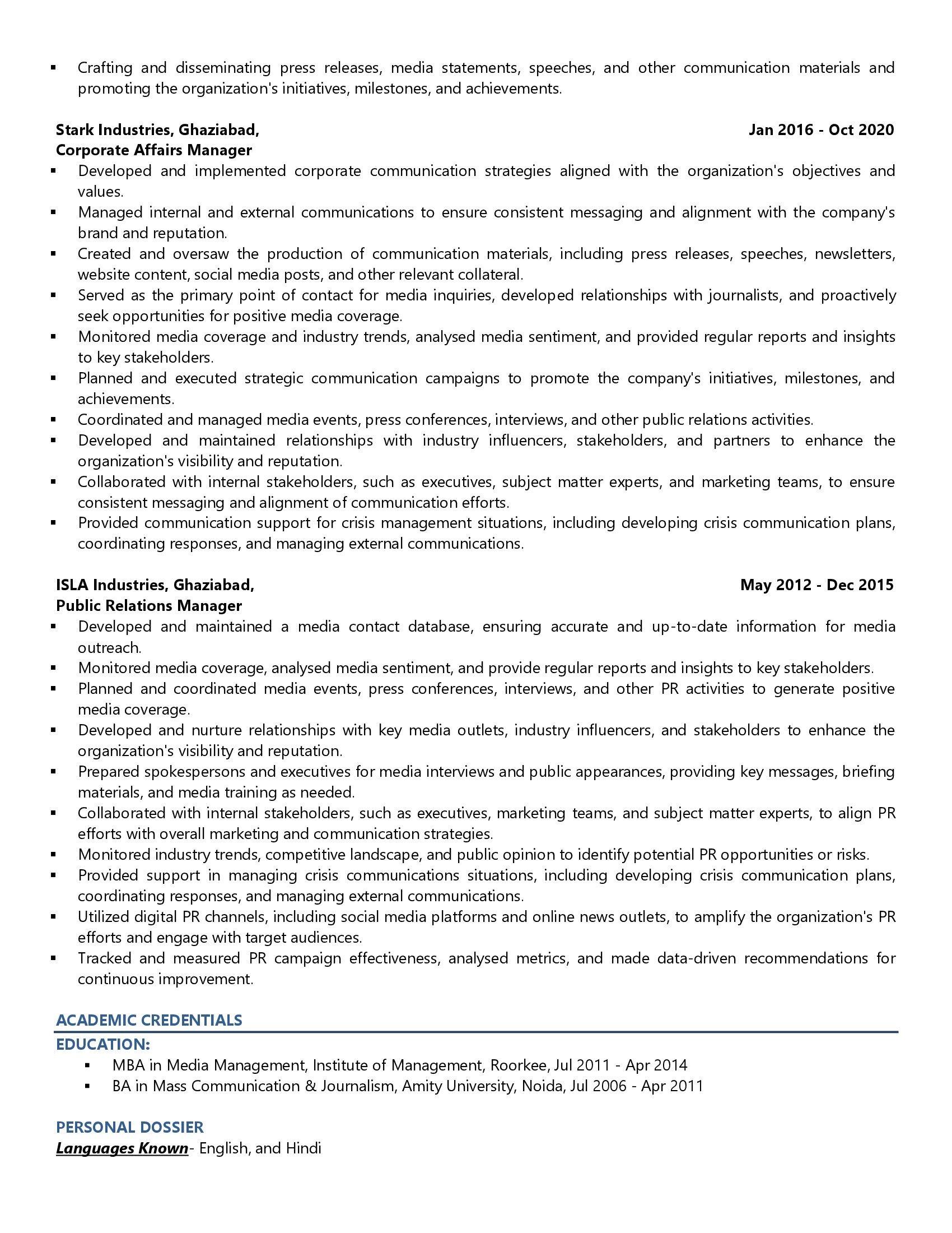 Head of Corporate Affairs - Resume Example & Template