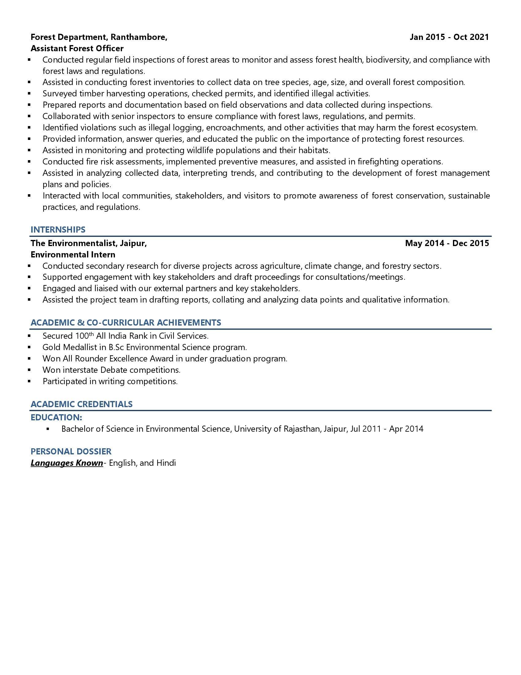 Forest Officer - Resume Example & Template