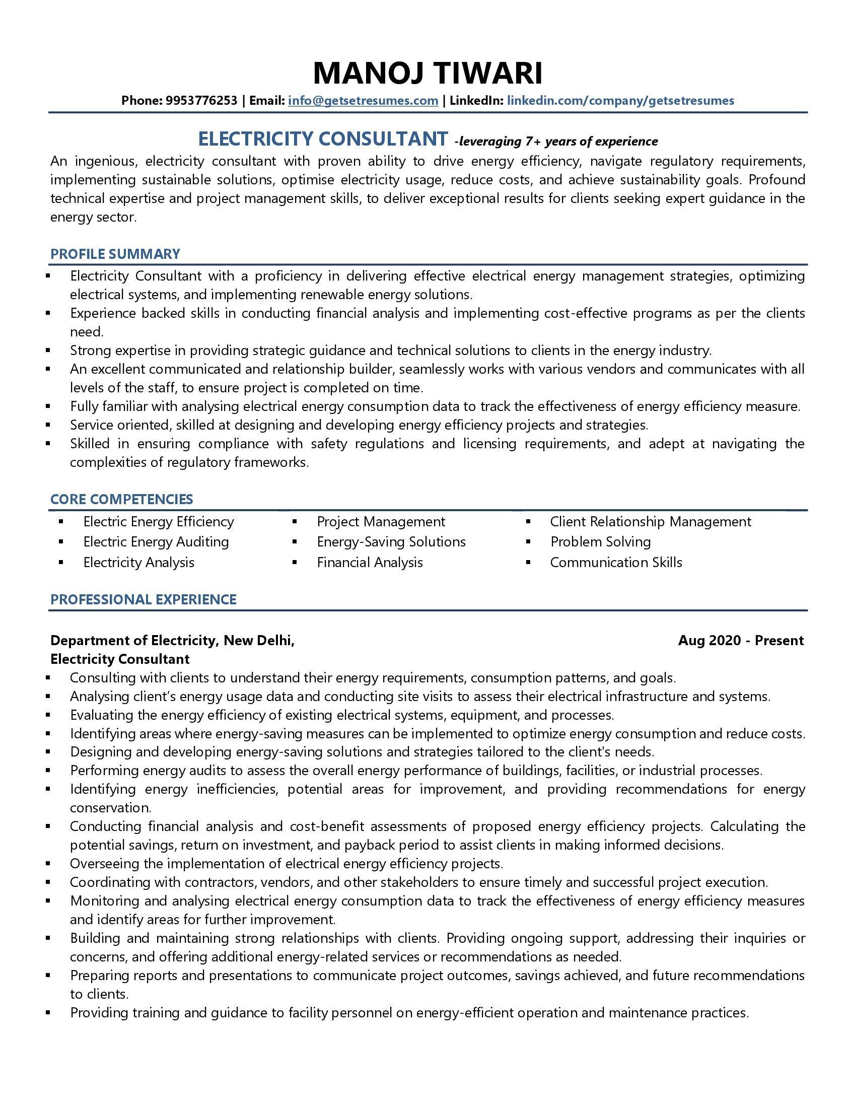 Electricity Consultant - Resume Example & Template