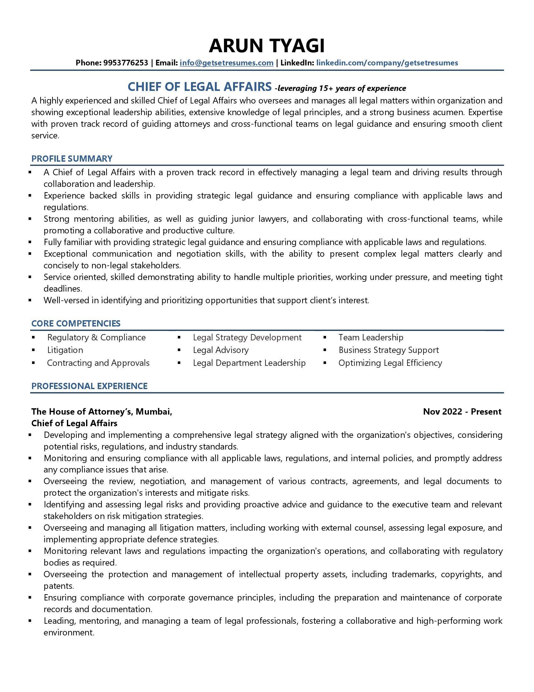 Chief of Legal Affairs - Resume Example & Template