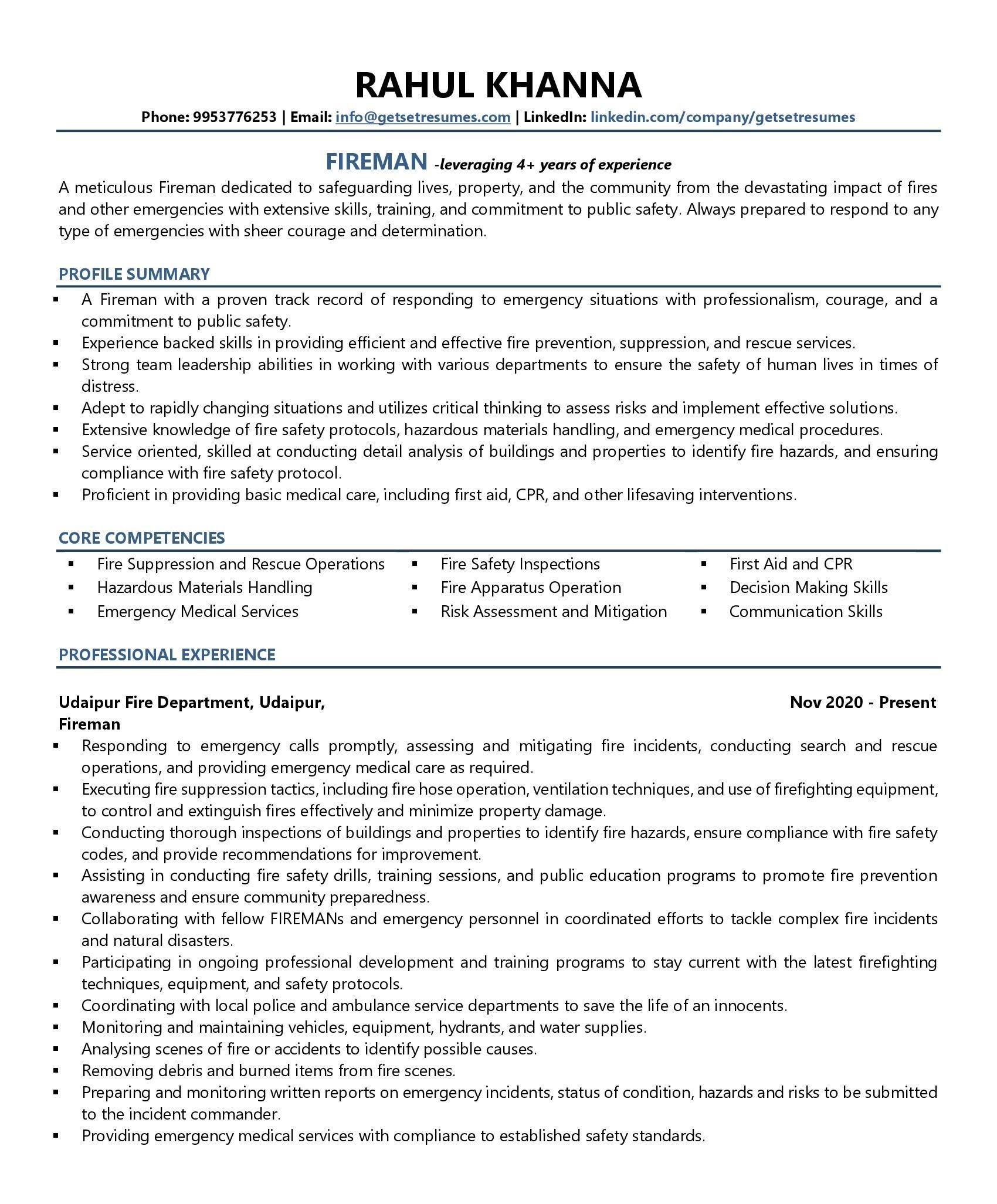 Fireman - Resume Example & Template