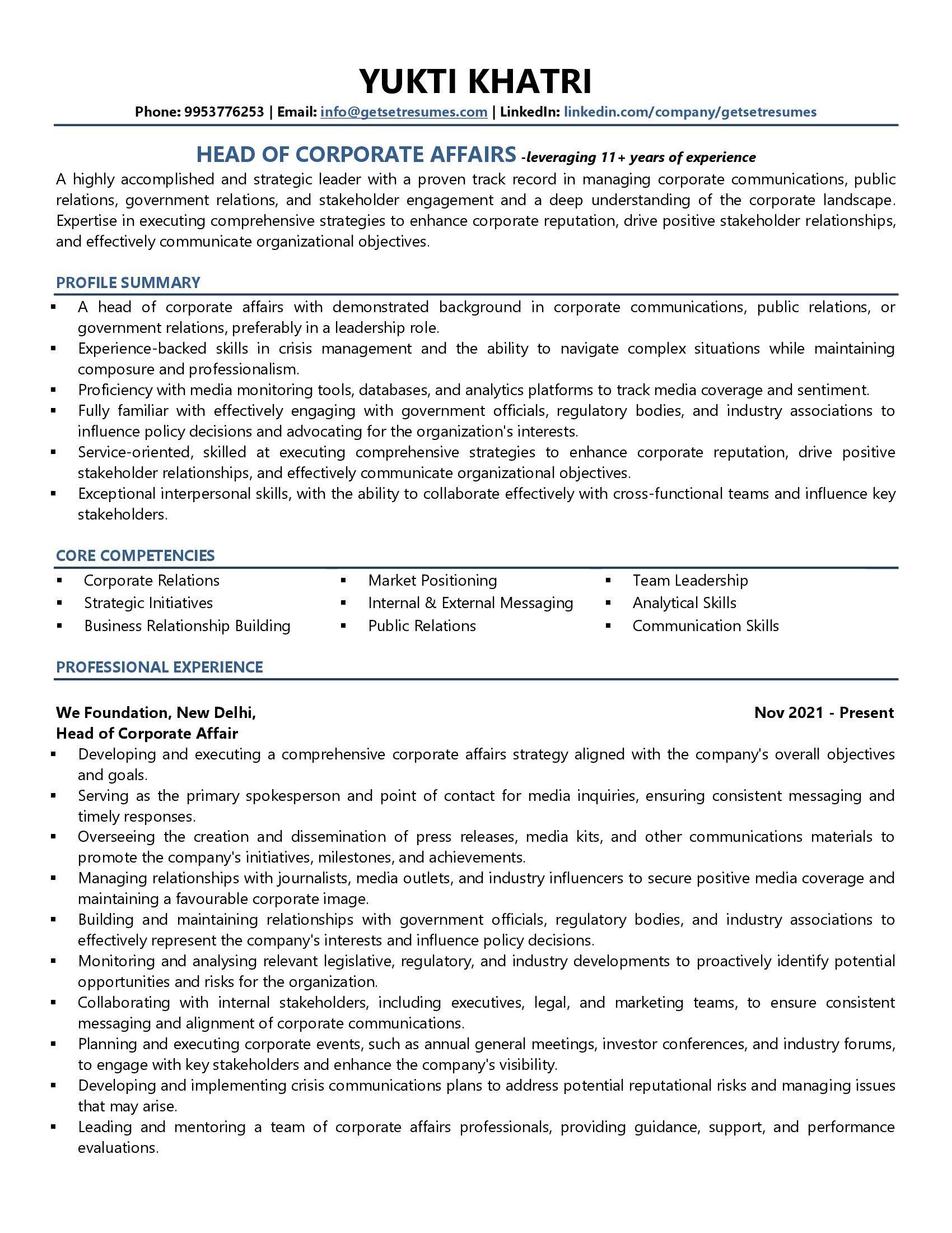 Head of Corporate Affairs - Resume Example & Template