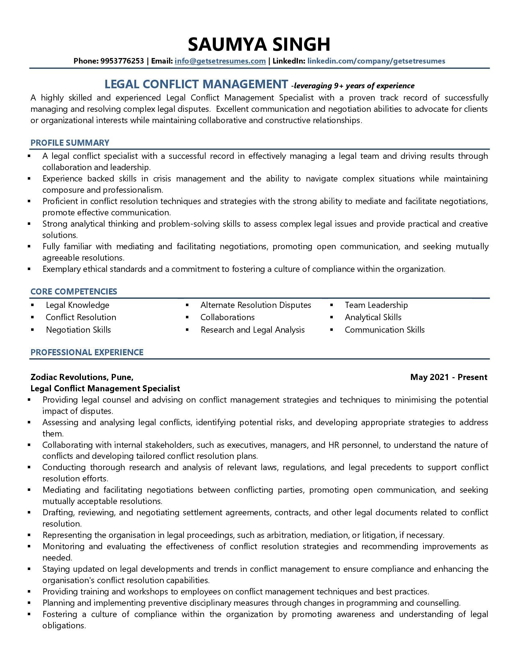 Legal Conflict Management - Resume Example & Template