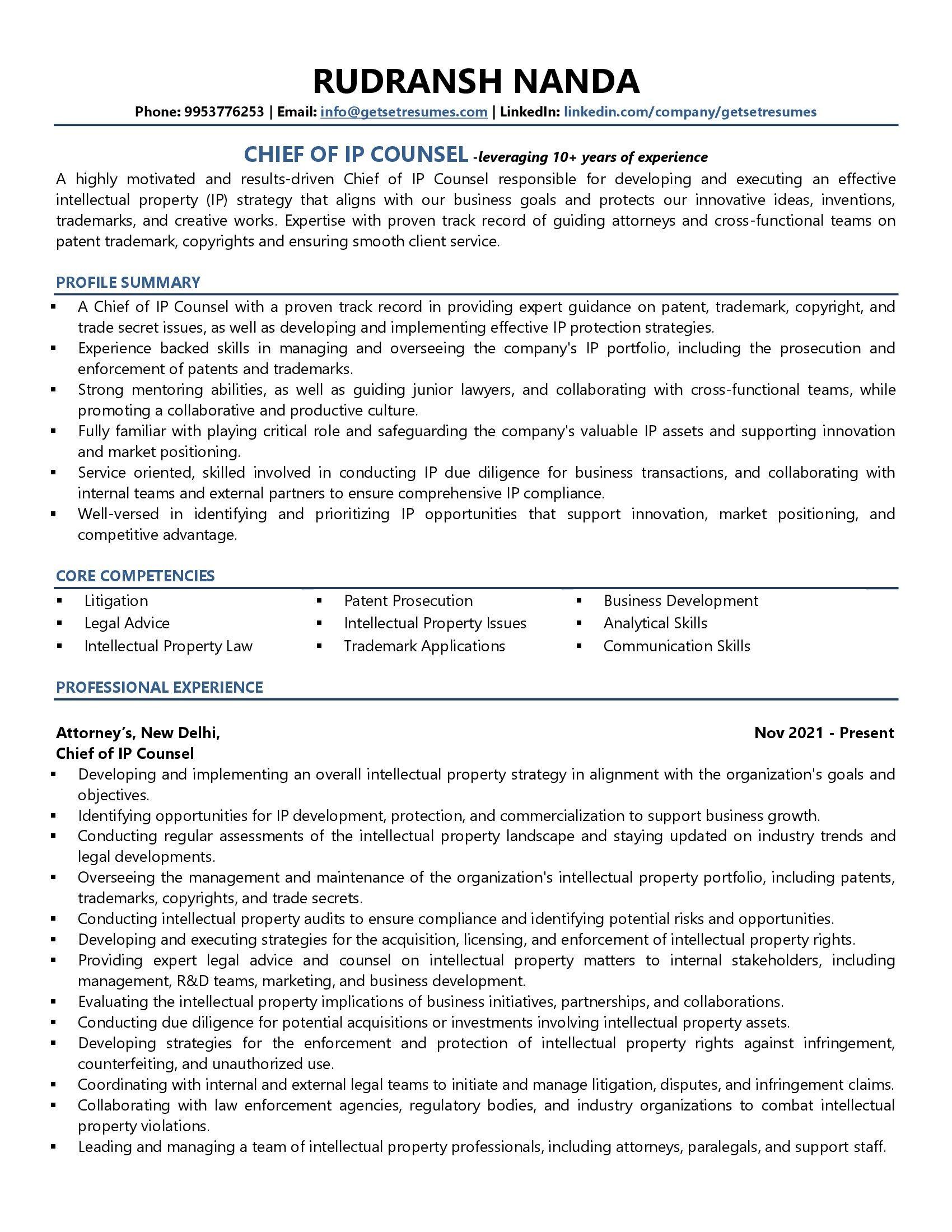 Chief of IP Counsel - Resume Example & Template