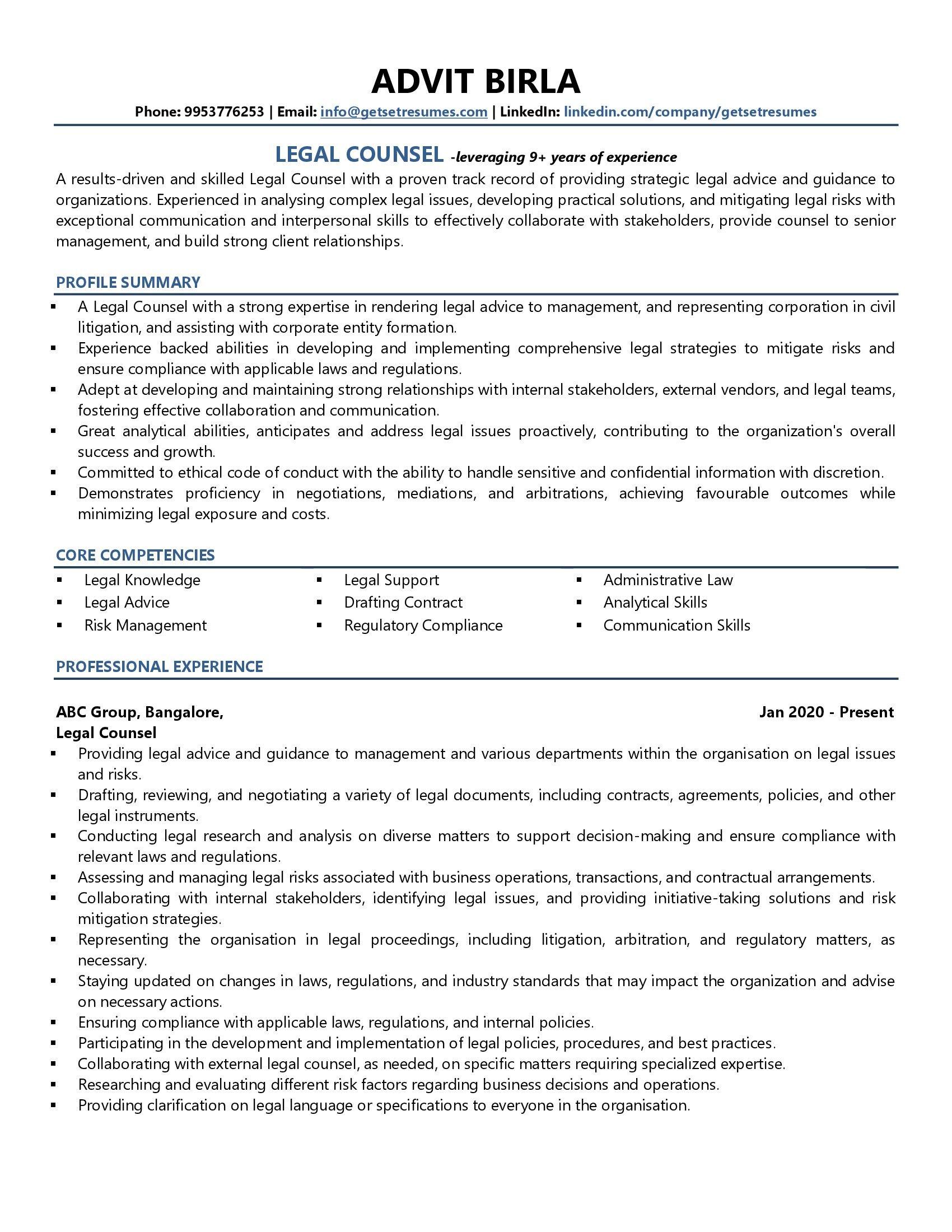 Legal Counsel - Resume Example & Template