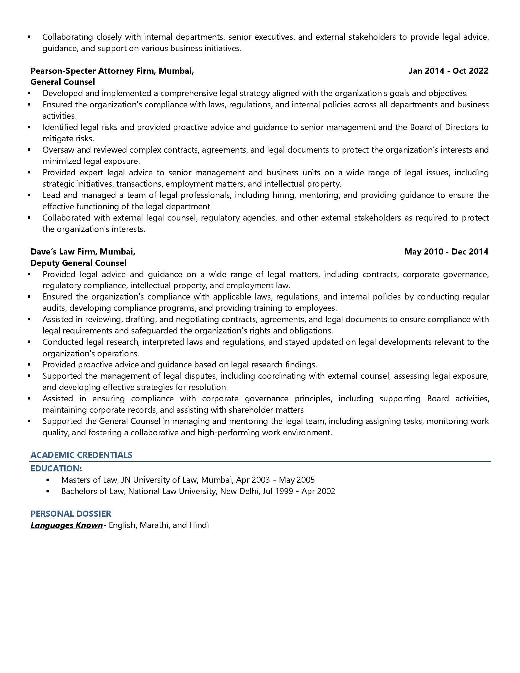 Chief of Legal Affairs - Resume Example & Template