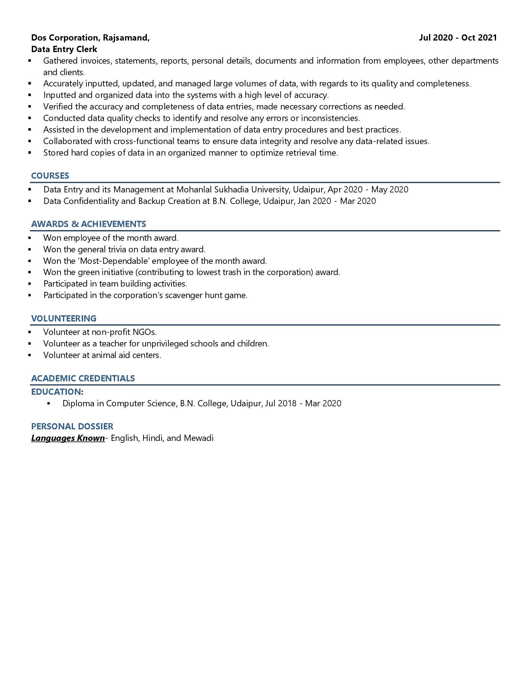 Data Entry Operator - Resume Example & Template