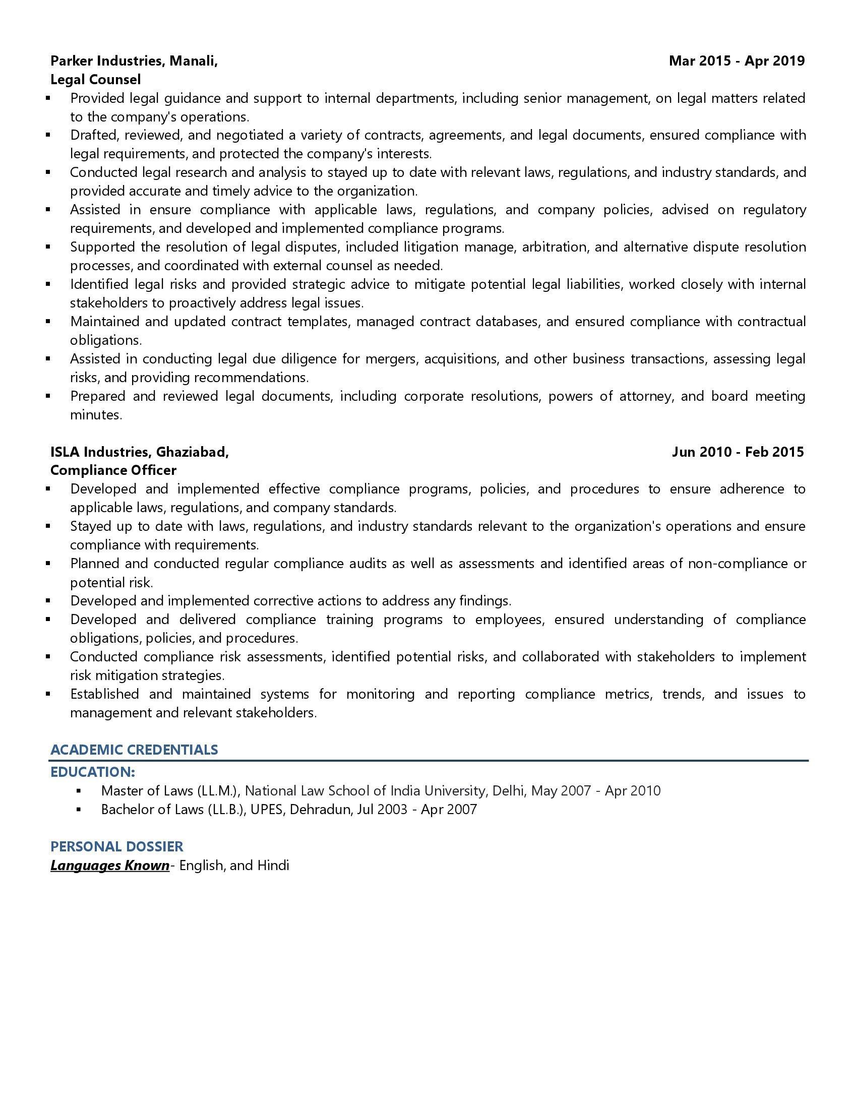 Head of Legal & Compliance - Resume Example & Template