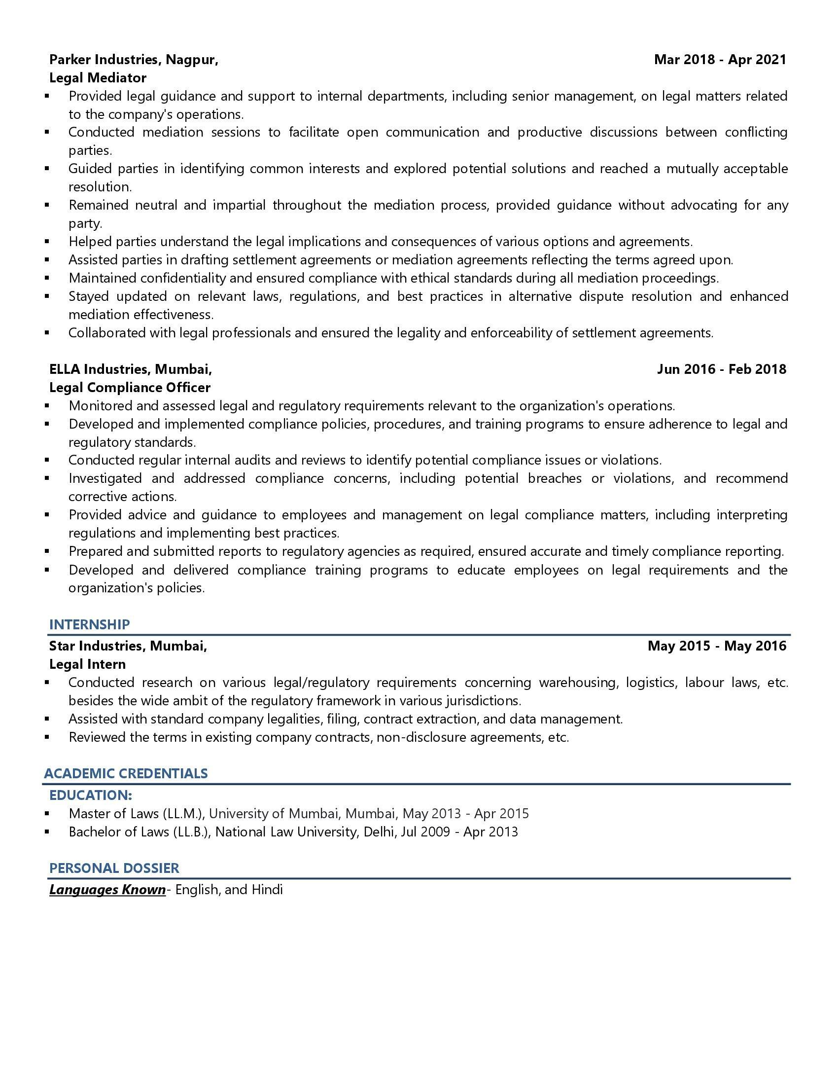 Legal Conflict Management - Resume Example & Template
