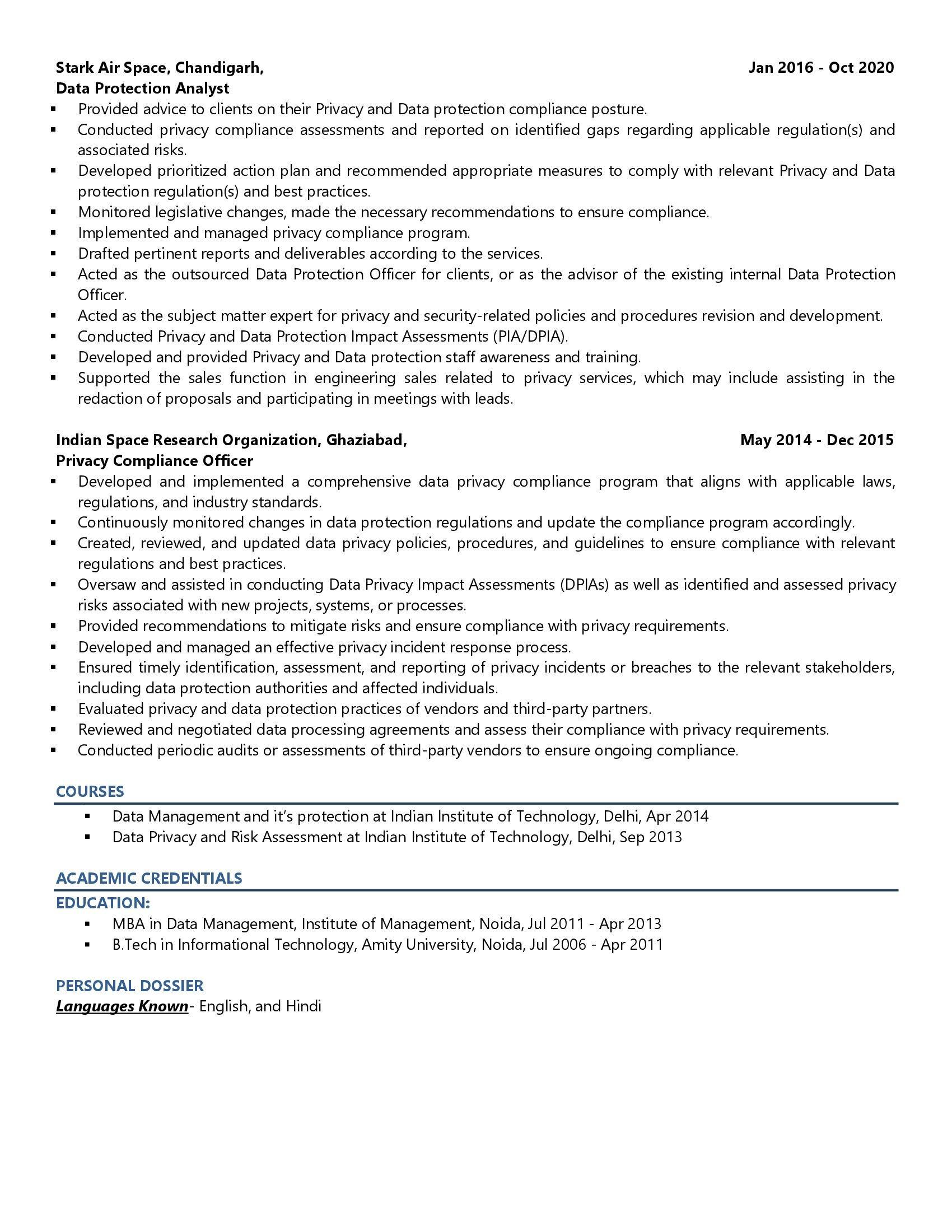 Data Protection Officer - Resume Example & Template
