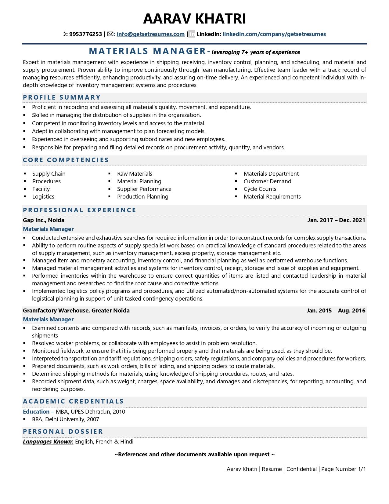 Materials Manager - Resume Example & Template