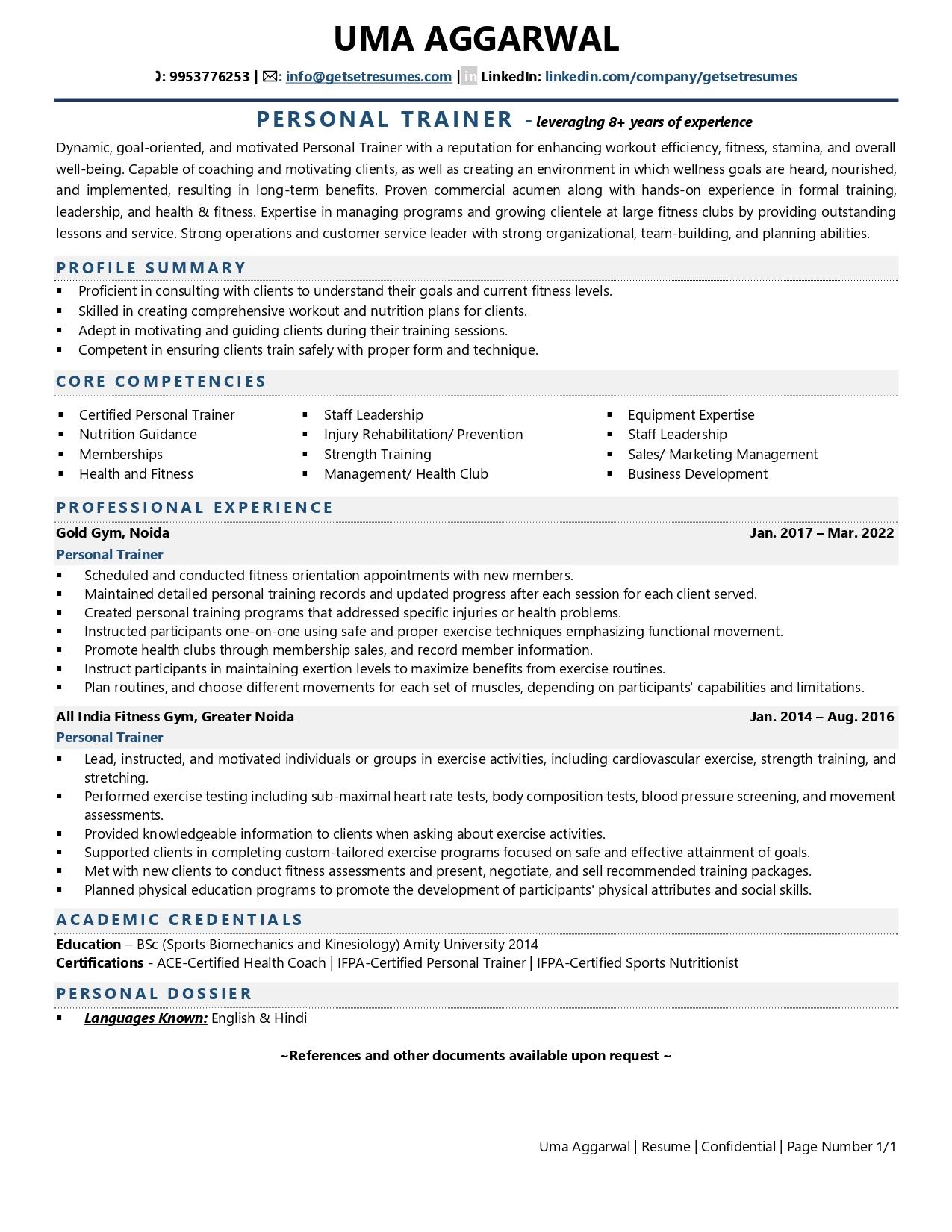 Personal Trainer - Resume Example & Template