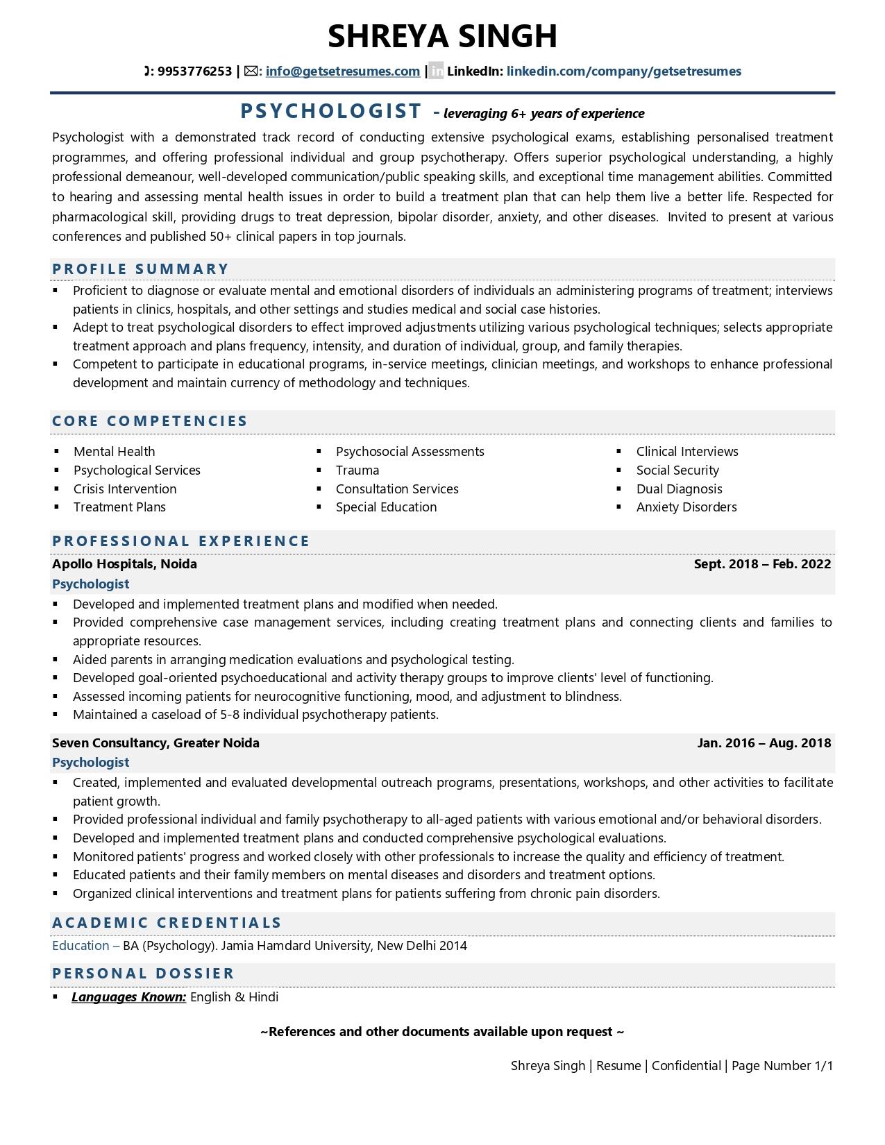 Psychologist - Resume Example & Template