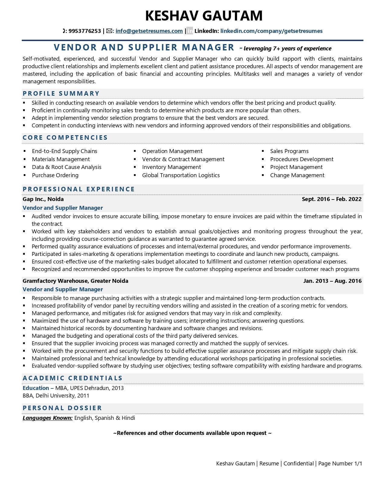 Vendor & Supplier Manager - Resume Example & Template