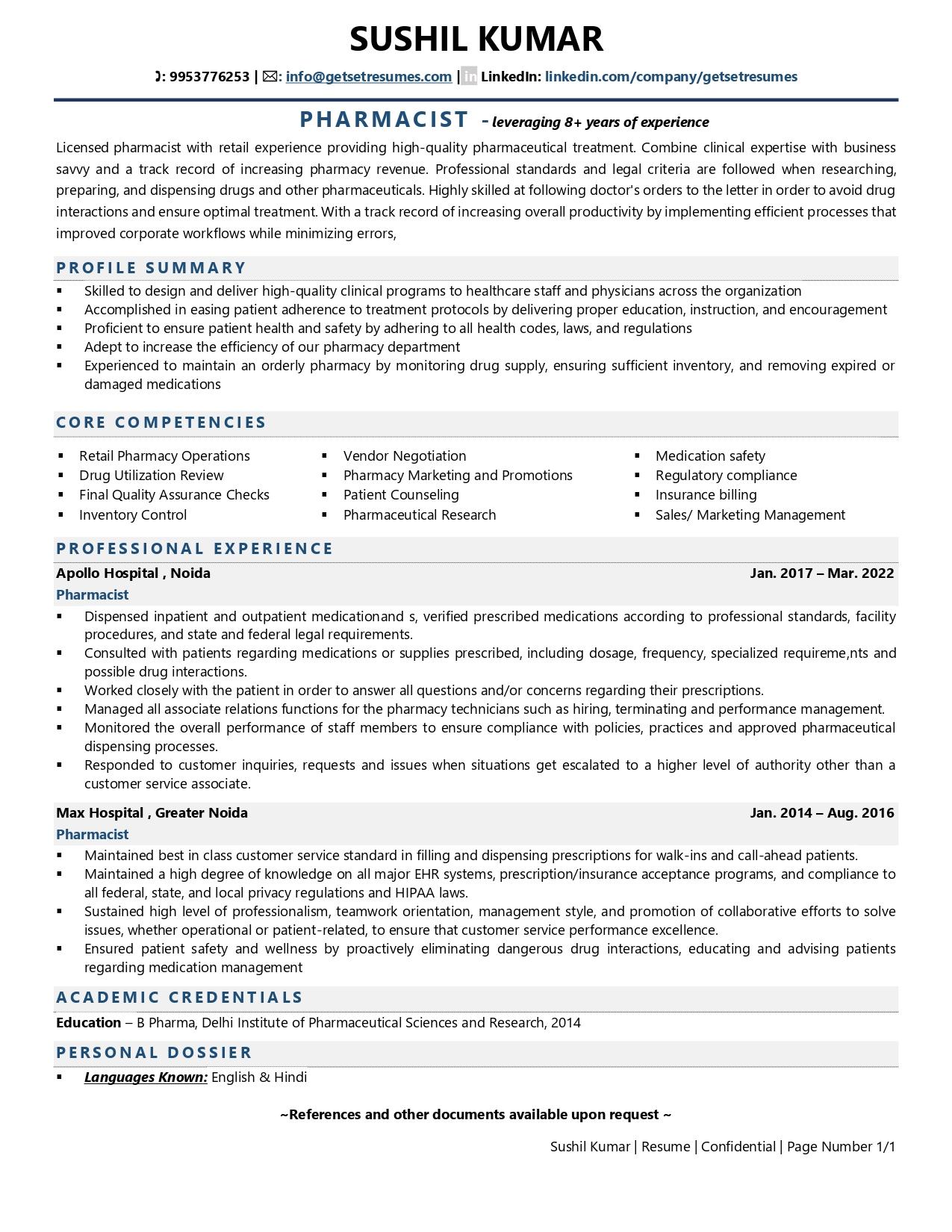 resume format for experienced pharma company