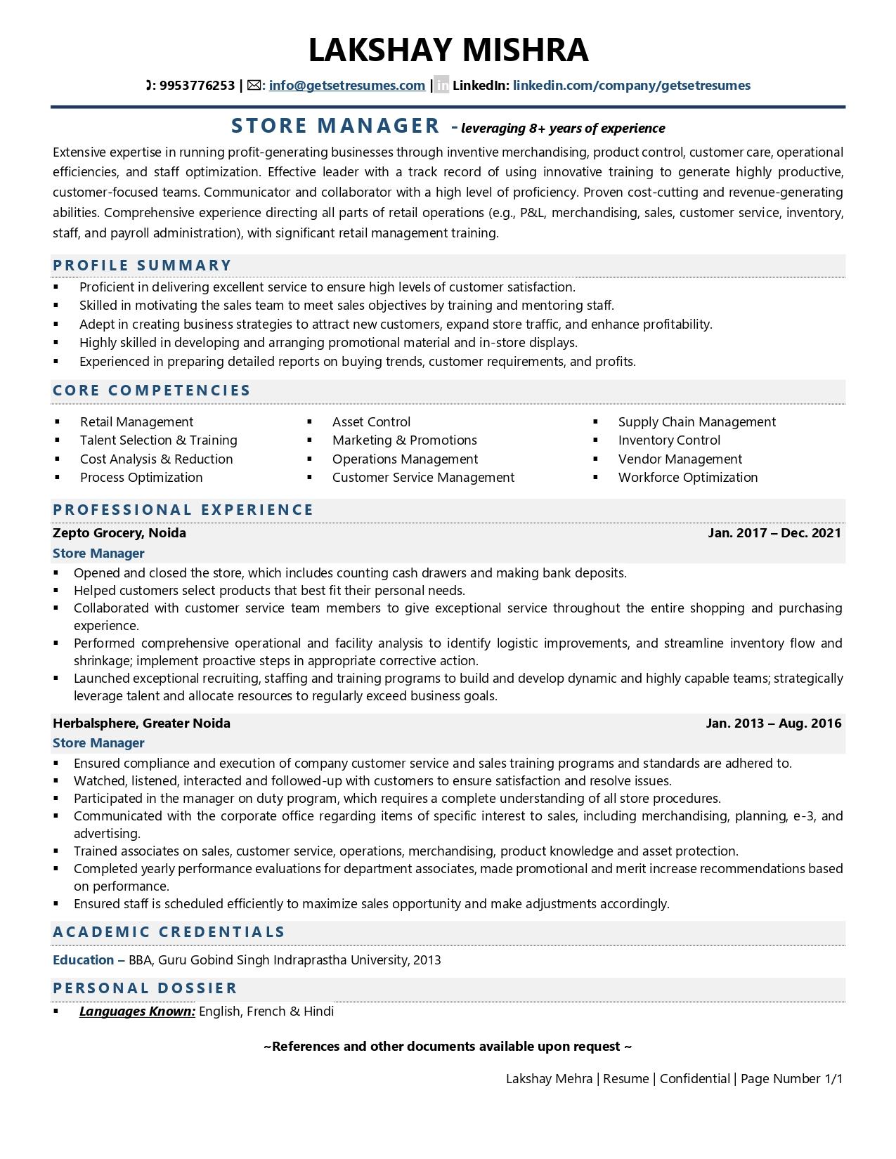 resume job description grocery store manager