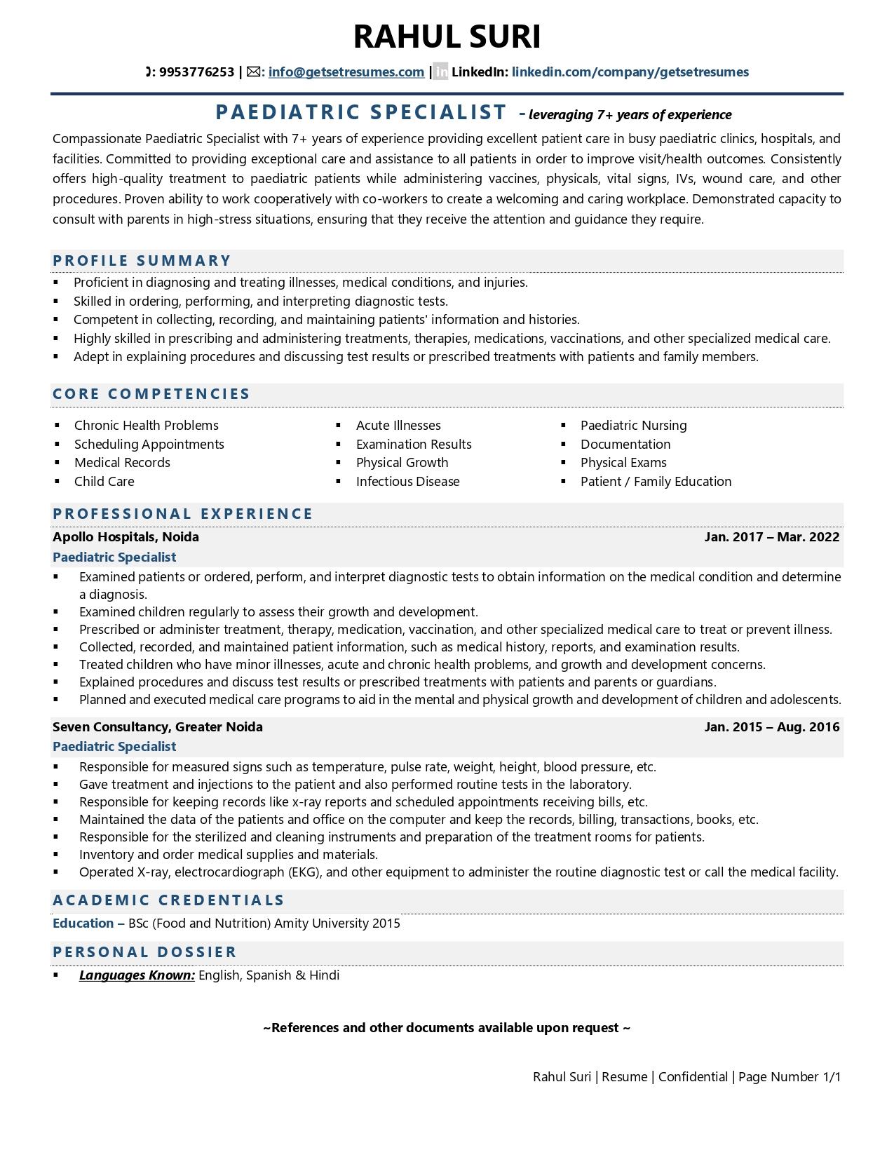 Paediatric Specialist - Resume Example & Template