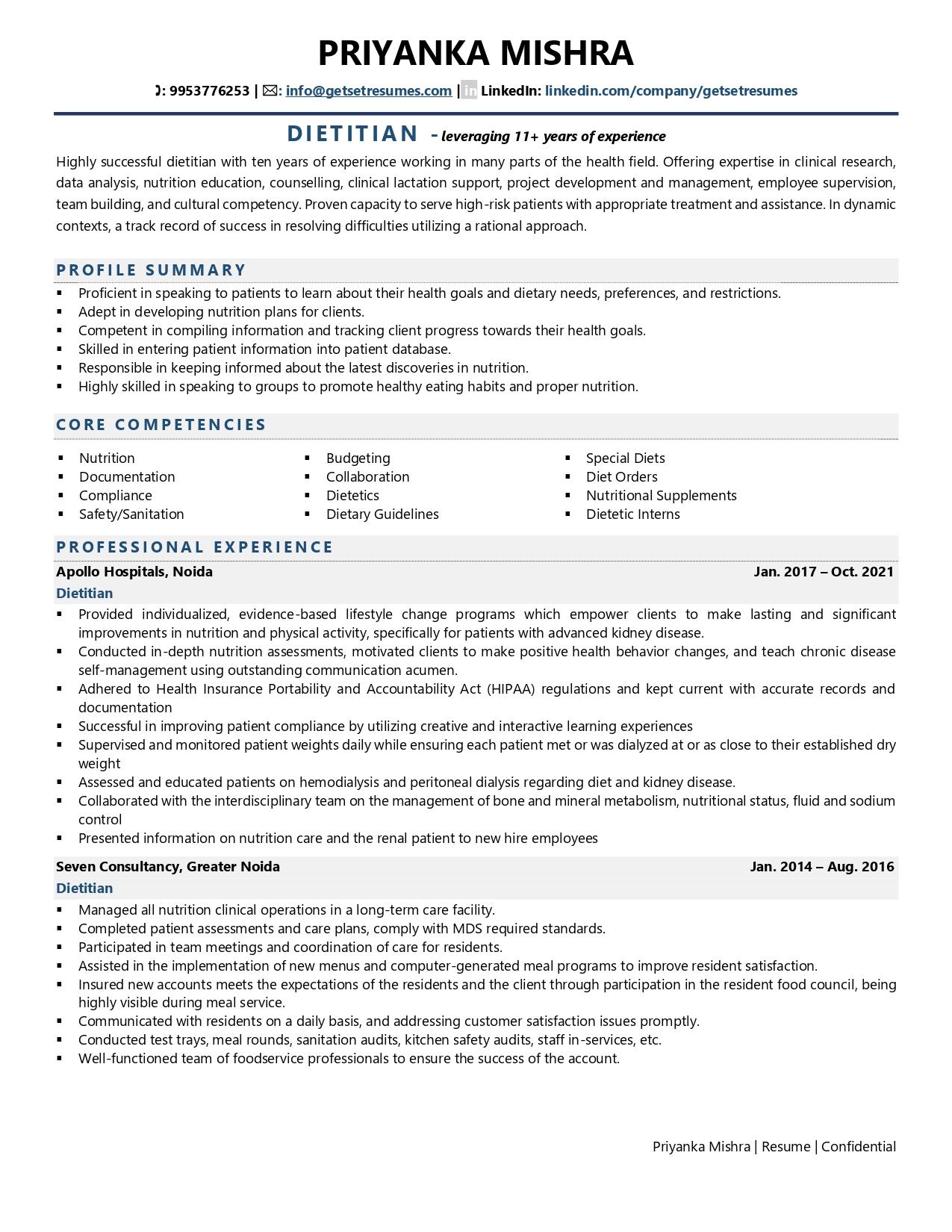 Dietician - Resume Example & Template