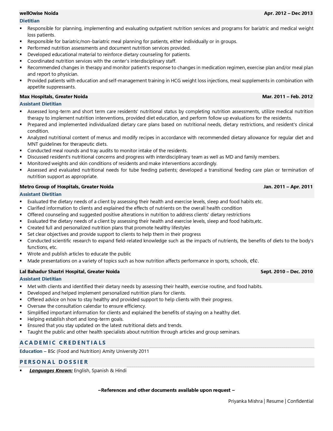 Dietician - Resume Example & Template