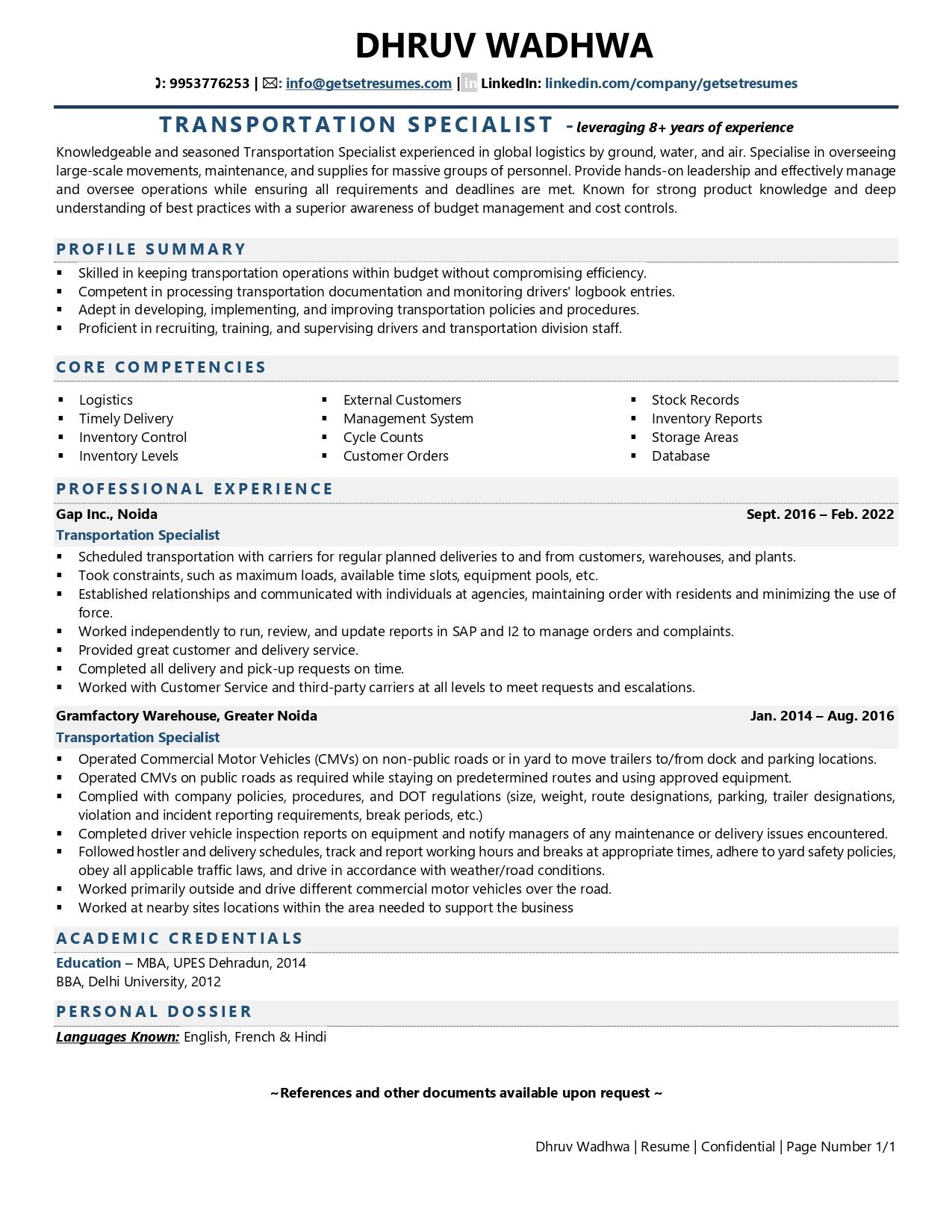 Transportation Specialist - Resume Example & Template