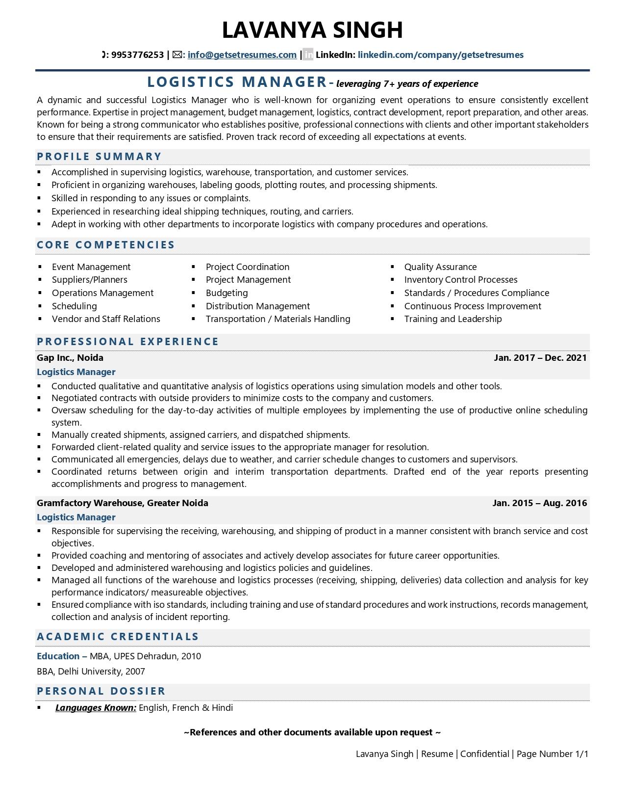 Logistics Manager - Resume Example & Template