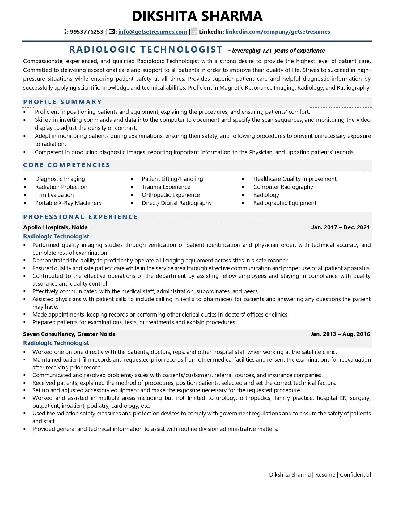 Radiologic Technologist - Resume Example & Template