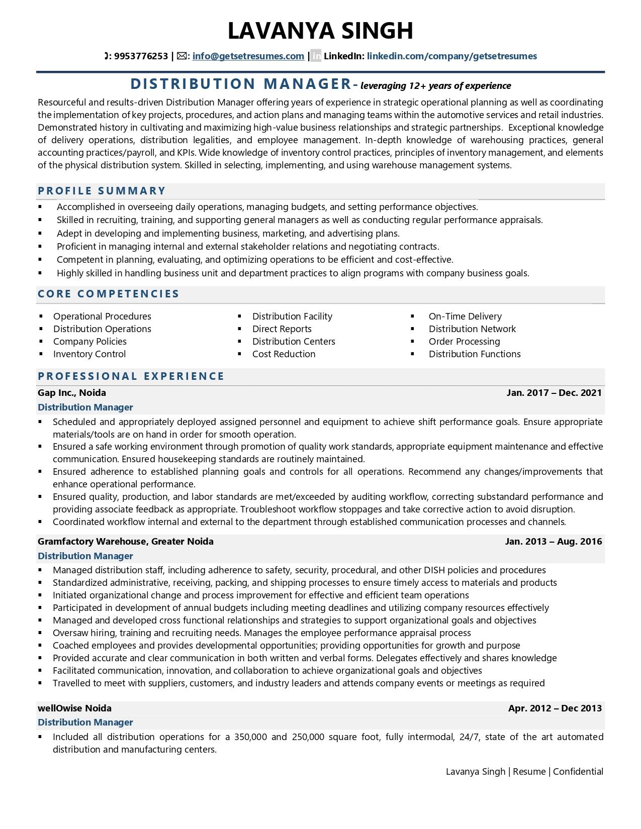 Distribution Manager - Resume Example & Template