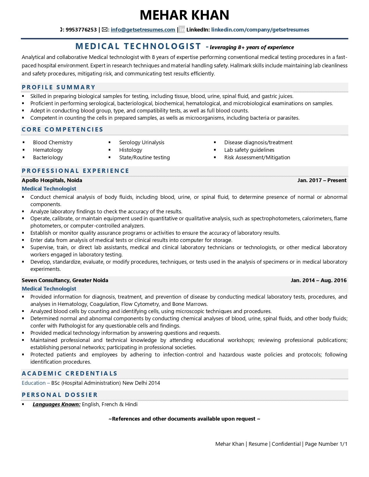 Medical Technologist - Resume Example & Template