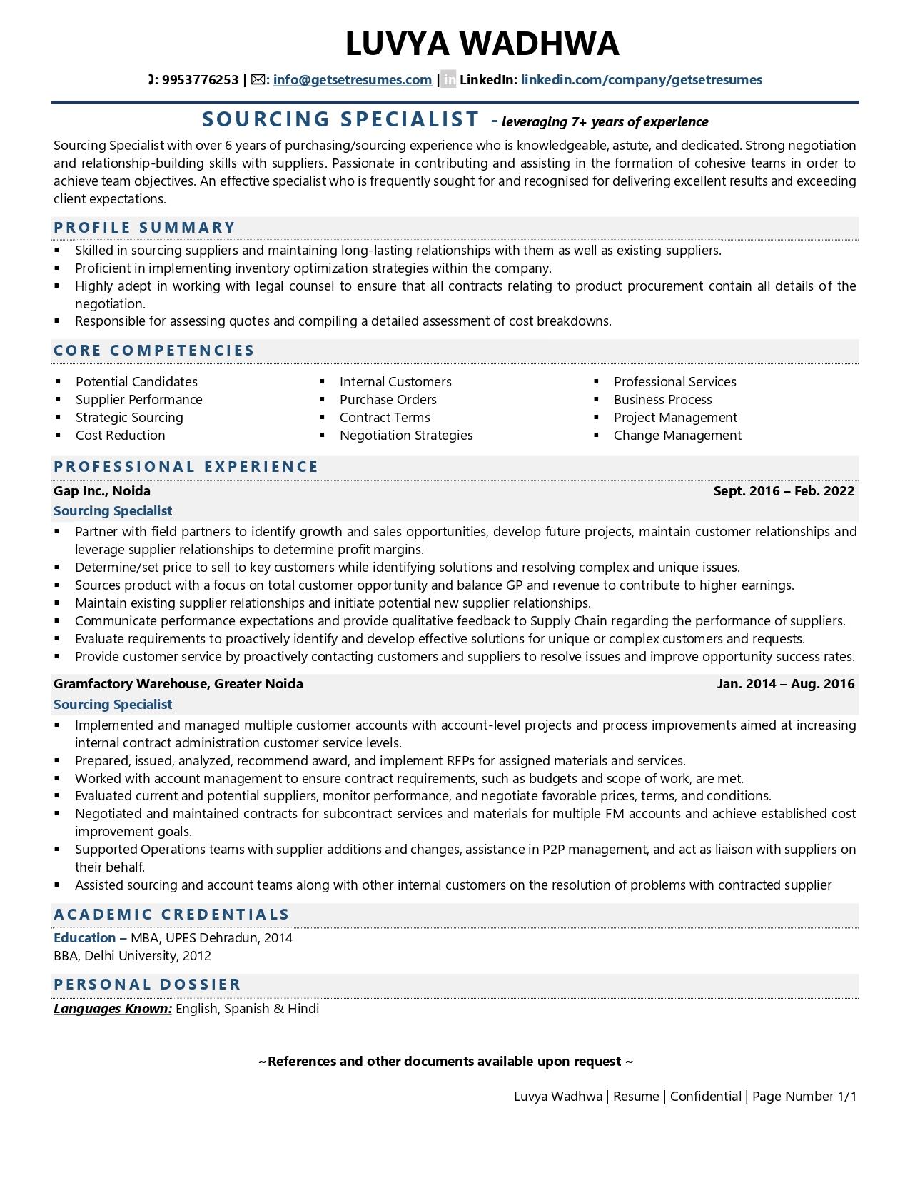 Sourcing Specialist - Resume Example & Template