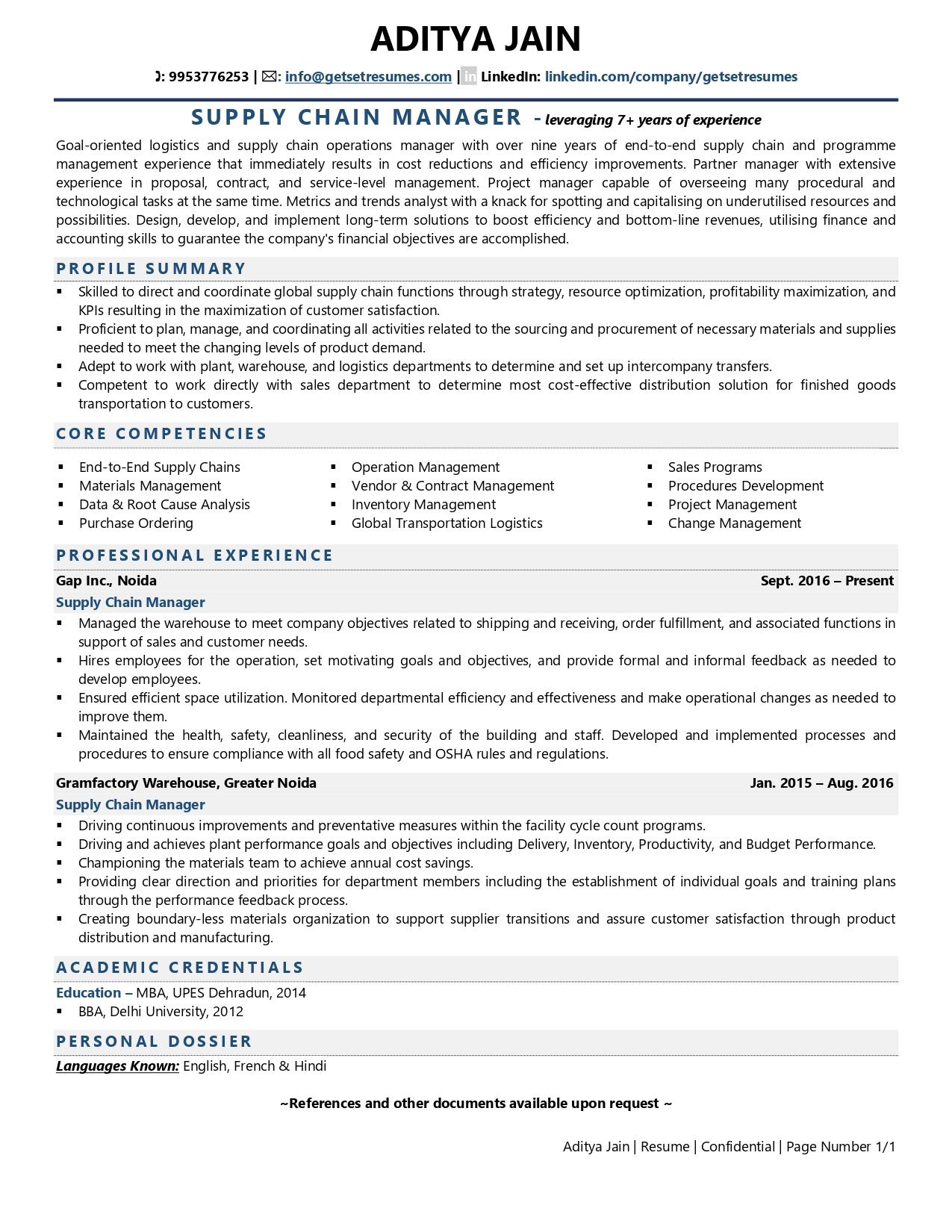Supply Chain Manager - Resume Example & Template