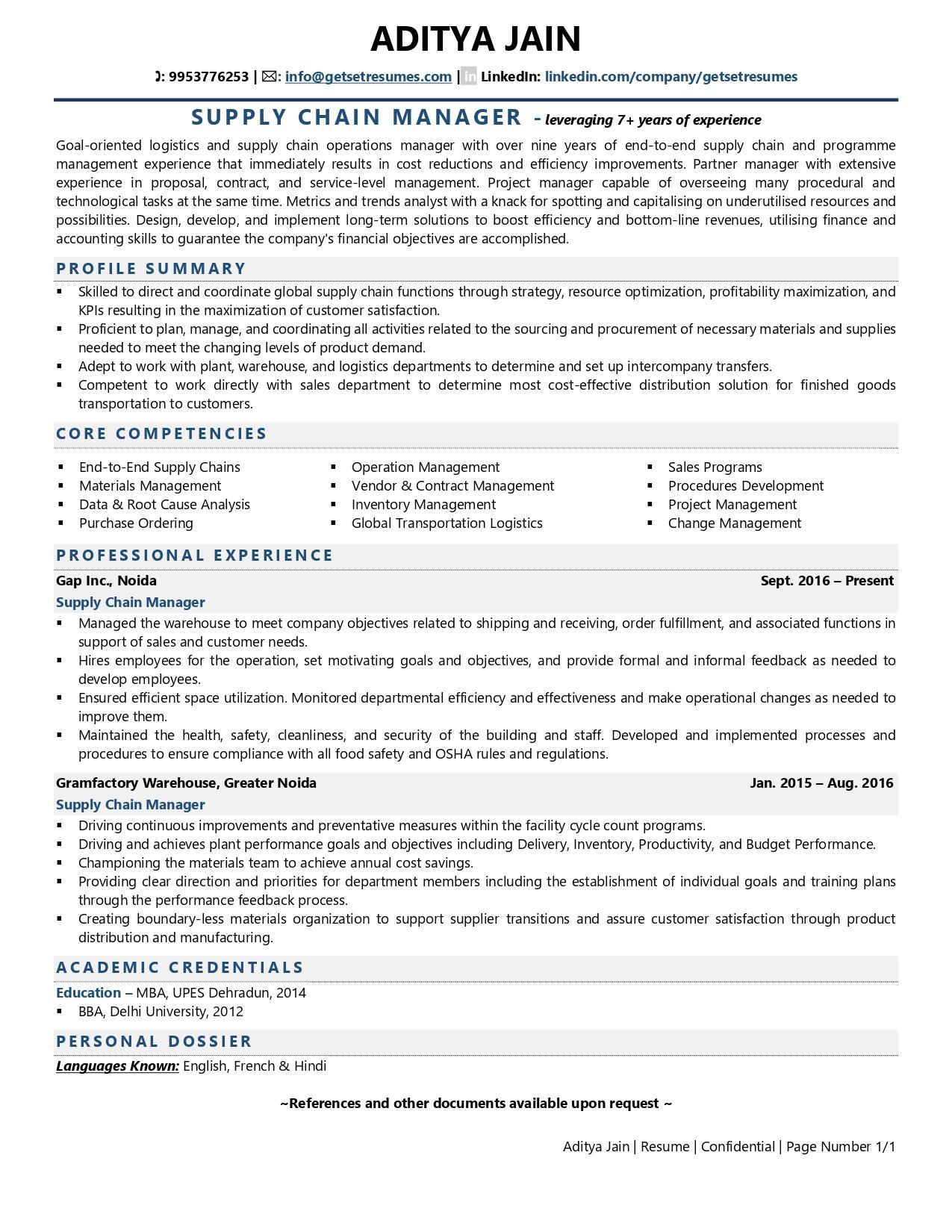 sample resume for supply chain professional