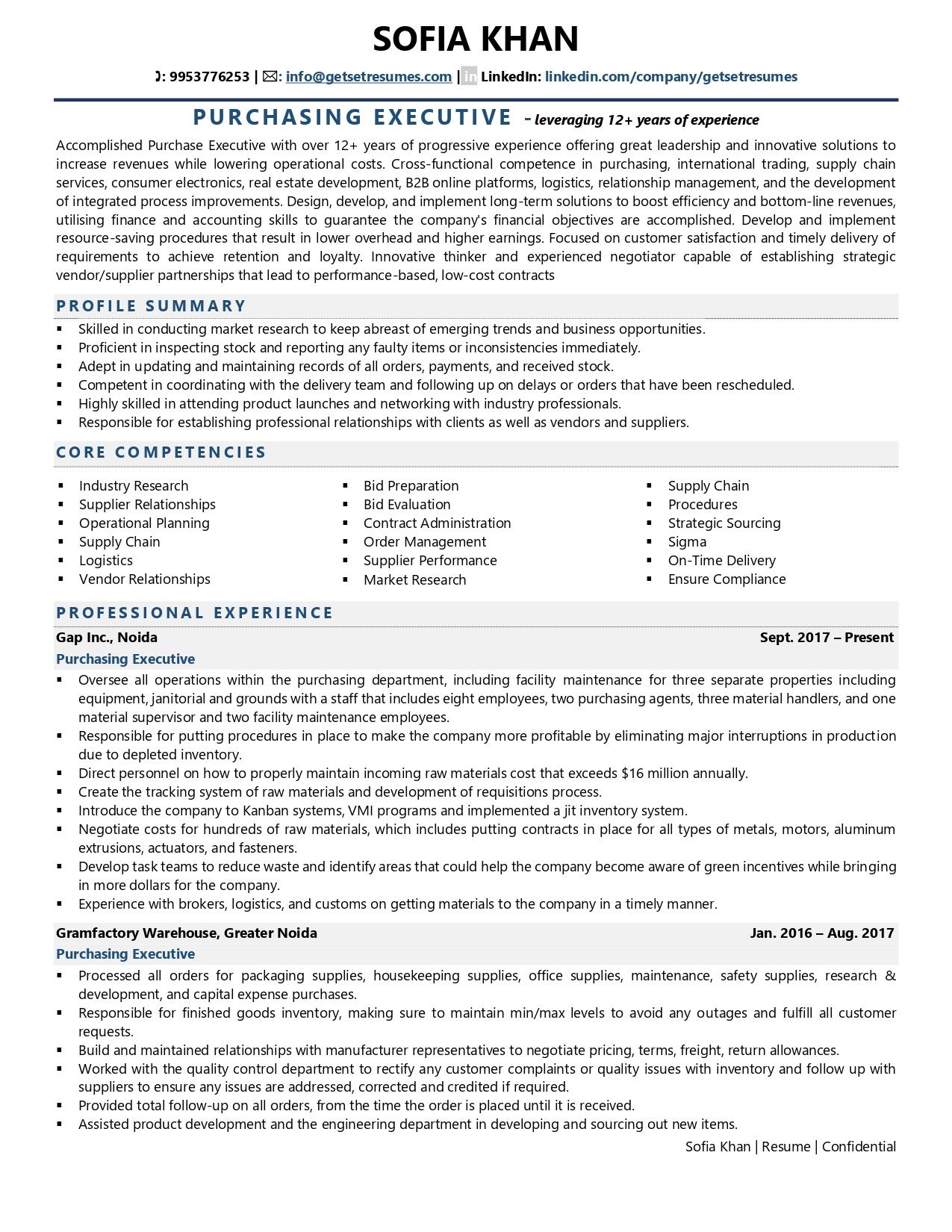 purchase executive resume format in word