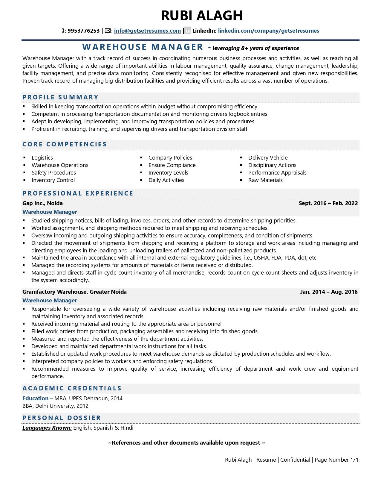 Warehouse Supervisor - Resume Example & Template