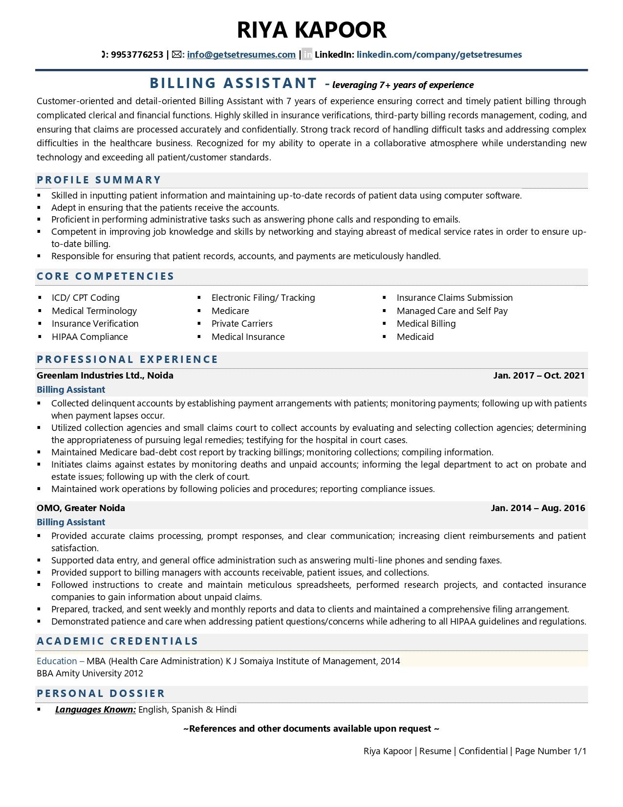 Billing Assistant - Resume Example & Template