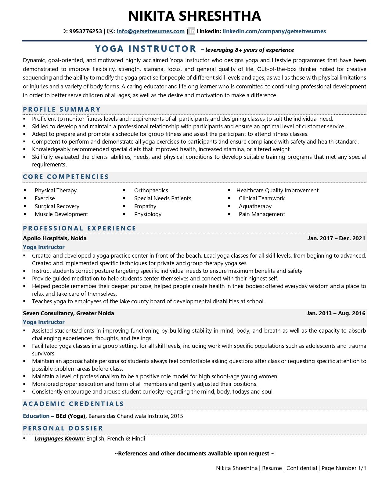 Yoga Instructor - Resume Example & Template