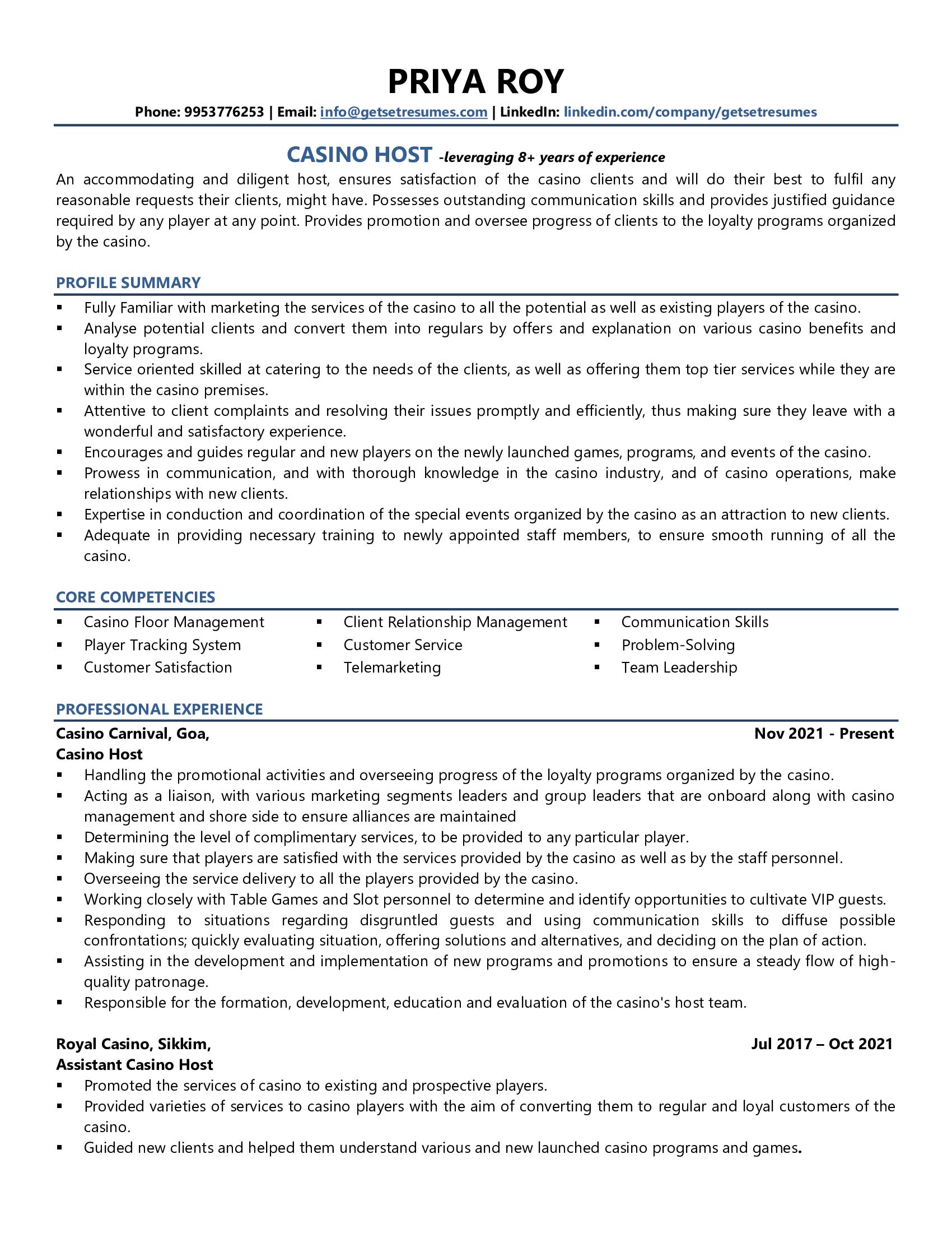 Casino Host - Resume Example & Template