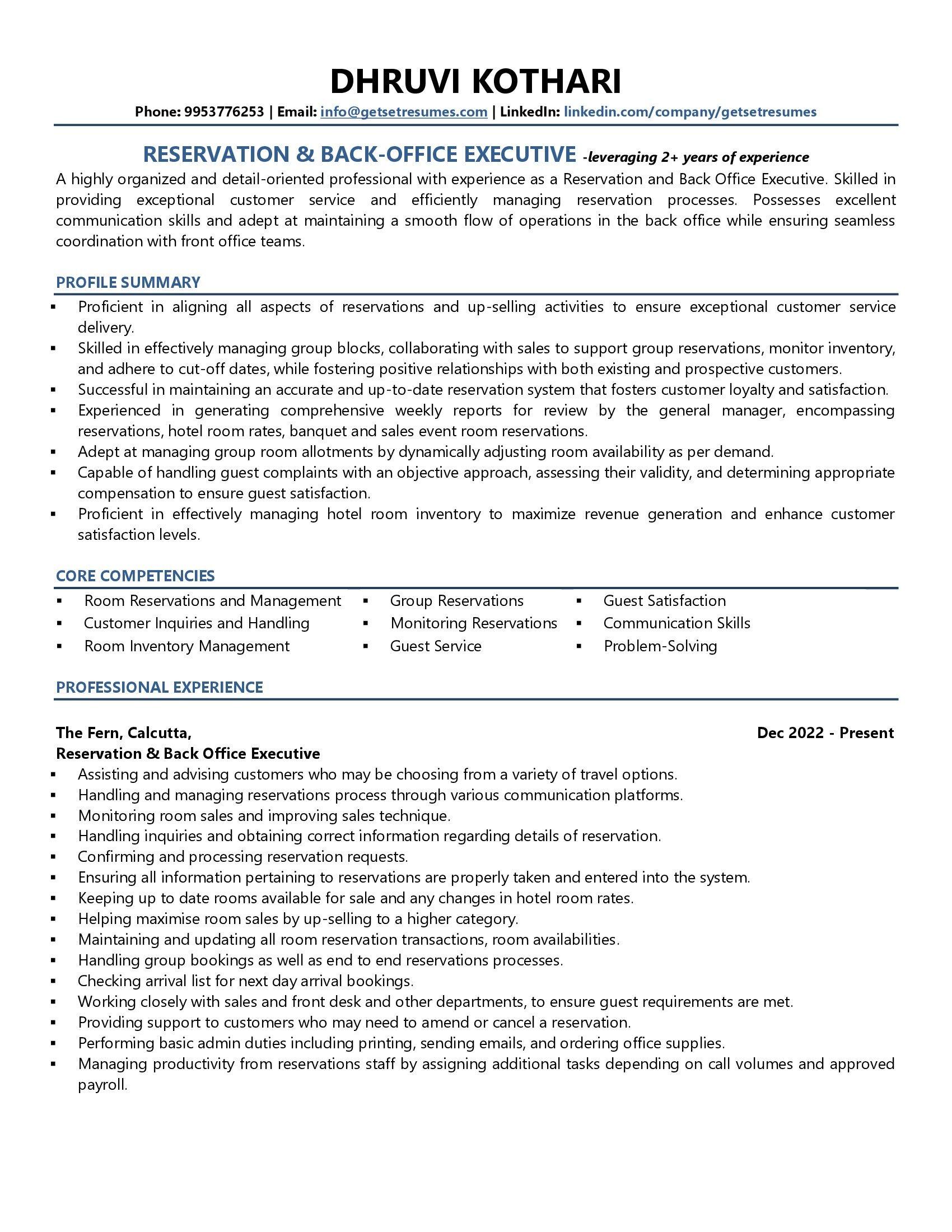 Reservation & Backoffice Executive - Resume Example & Template