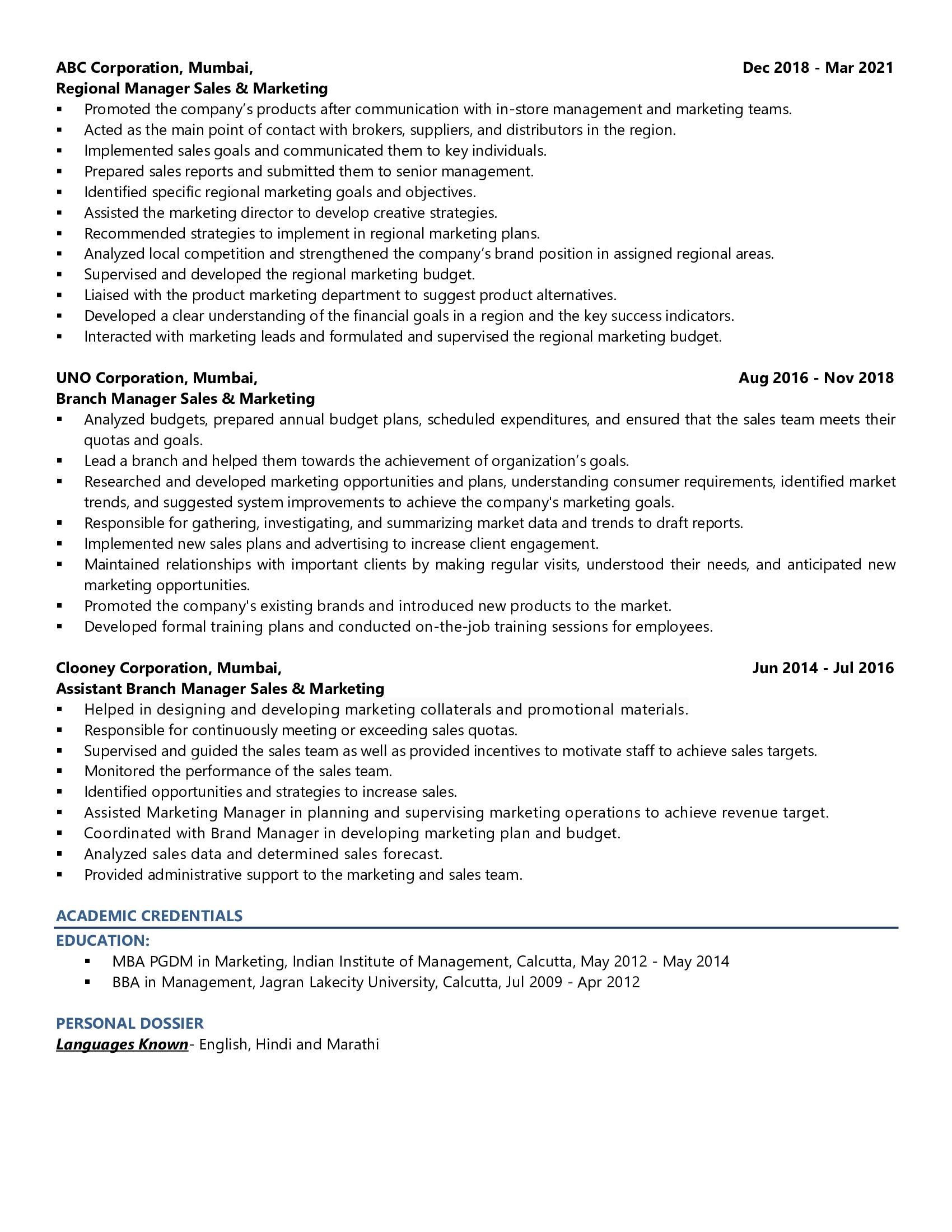 Director of Sales & Marketing - Resume Example & Template